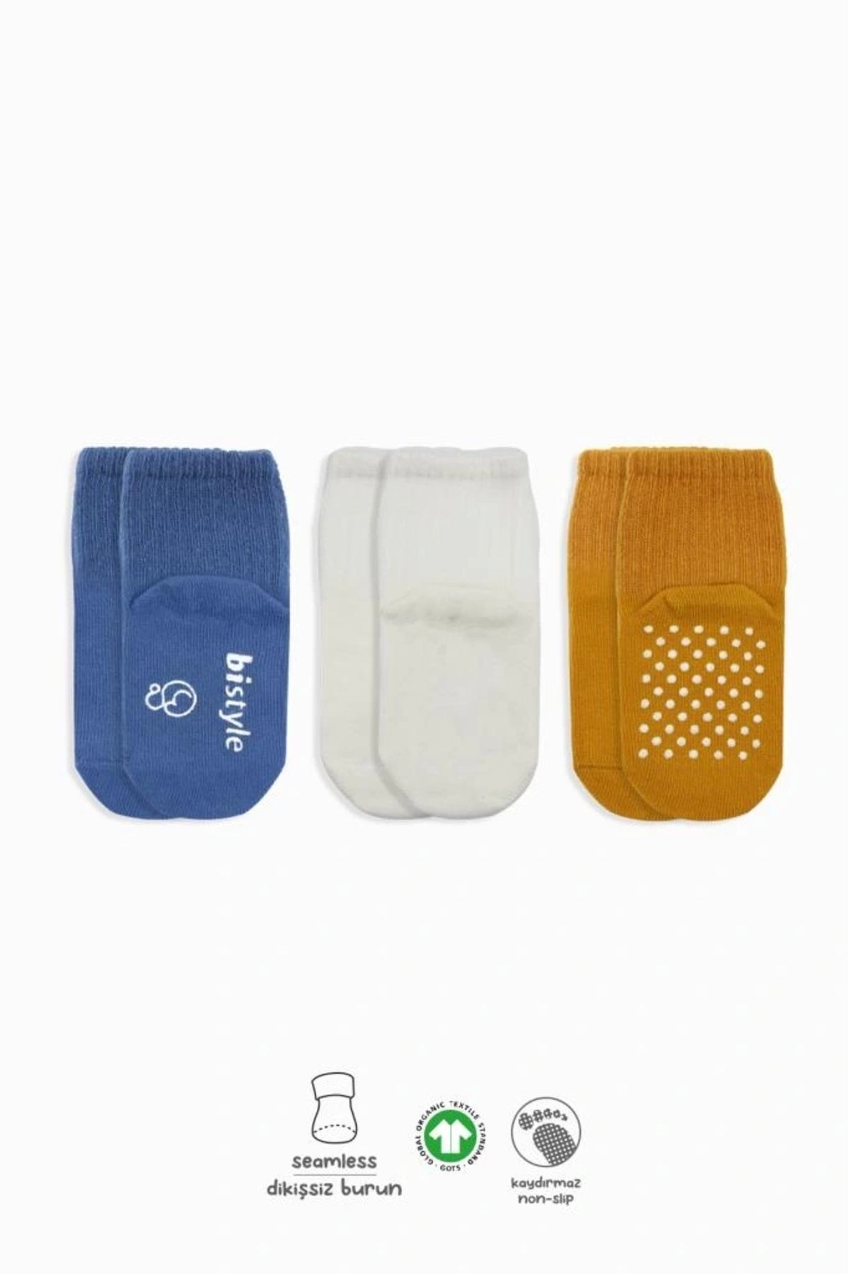 OurStyles Bistyle Basic Kaymaz Penye Soket Çorap 3'Lü BS10106 İndigo Ekru Hardal