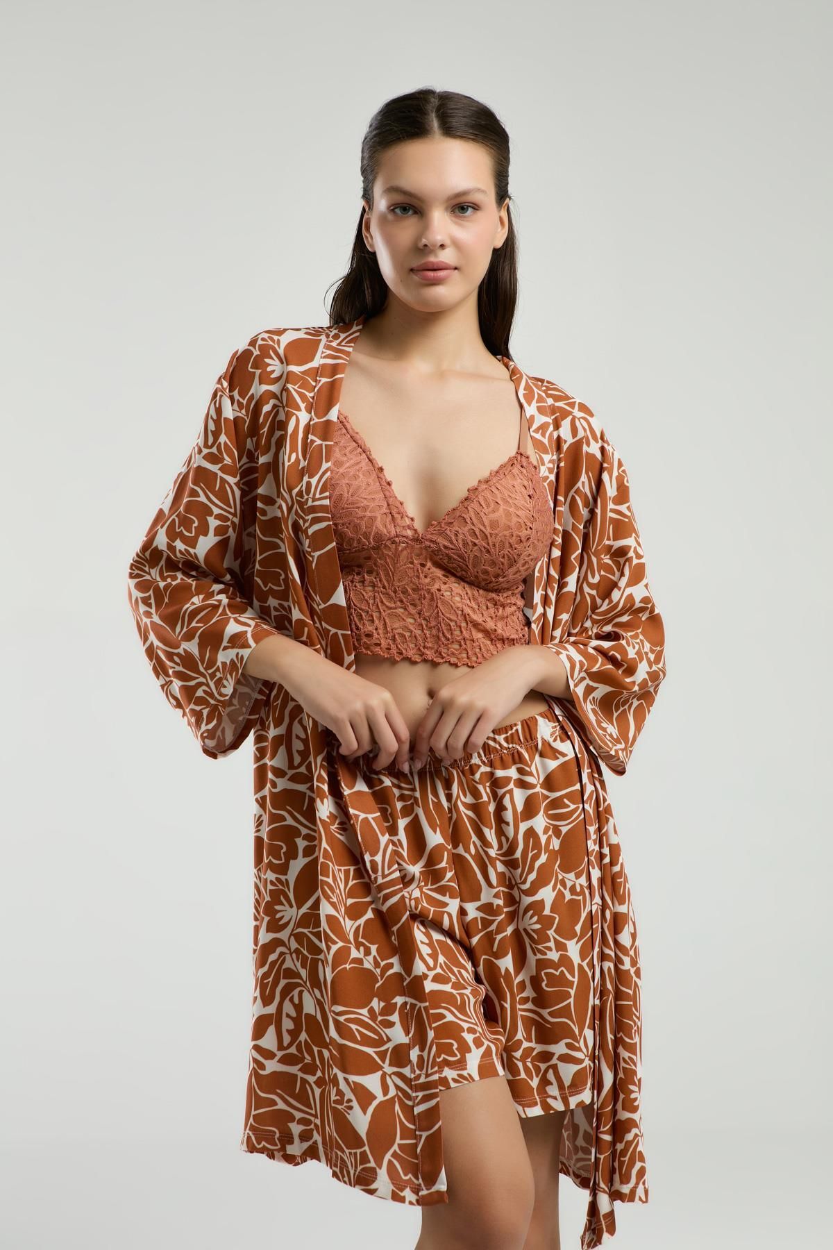 Arnetta 3'lü Takım, Sabahlık, Dantelli Bralet, Şort Set