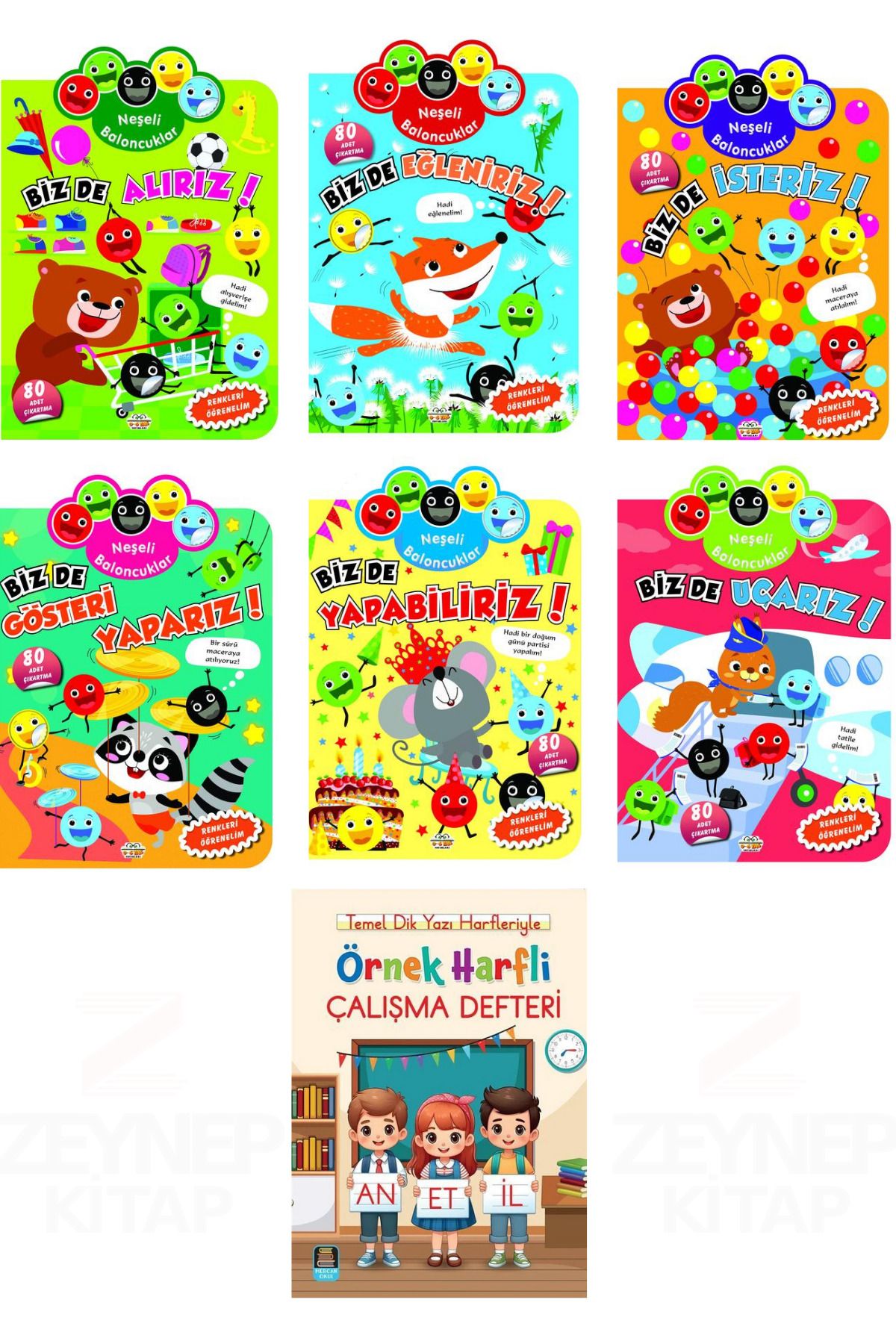 0-6 Yaş Yayınları Neşeli Baloncuklar Serisi 6 Kitap Set ve Büyük Boy Örnek Harfli Çalışma Defteri Hediye
