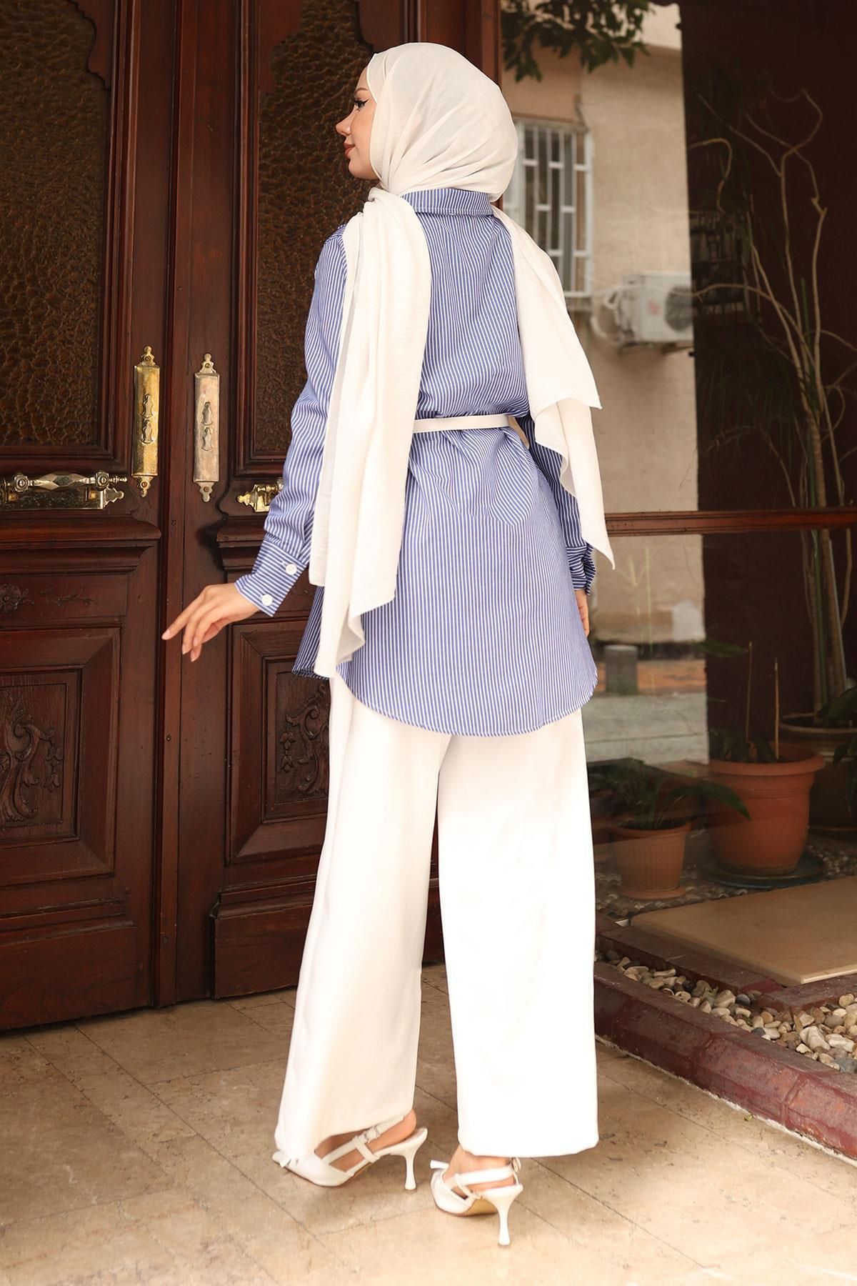 Modamihram-Striped Pocket Detailed Suit Blue 19242 4