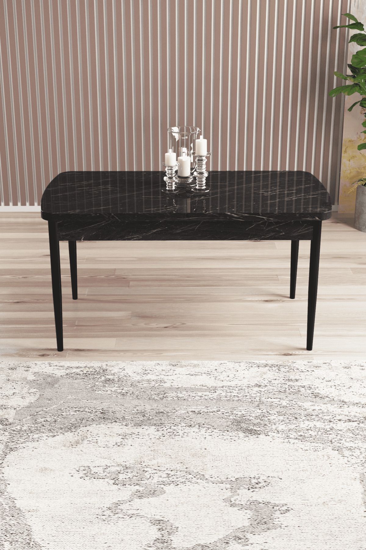 asaella mobilya Eylül Serisi 80x132 Açılabilir Suntalam Metal Ayak Siyah Mermer Desen Mutfak Masası,Yemek Masası