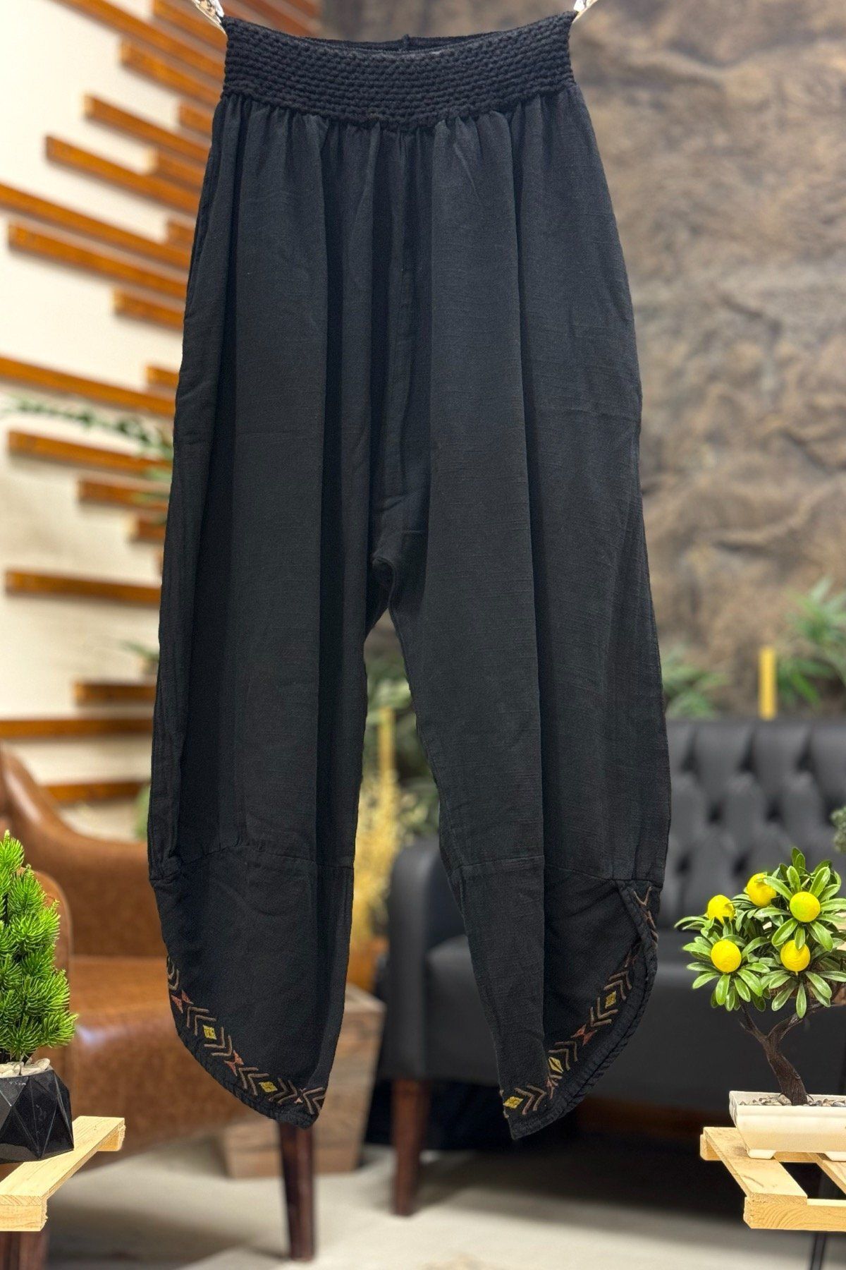 sahnemoda Bel Lastikli Paça Nakışlı Bol Keten Pantolon