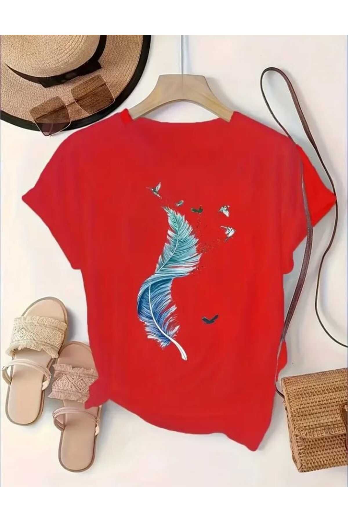 TekTarzz Unisex Kuş Tüyü ve Martı Baskı Tasarımlı Trend Tshirt
