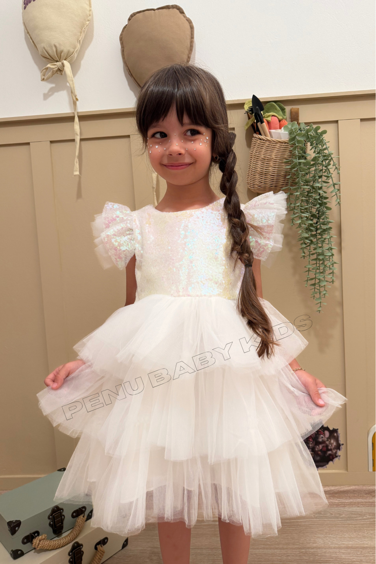 penu baby kids Beyaz Üstü Pul Payetli Eteği 3 Katlı Tül Kız Çocuk Kız Bebek Elbise fotoğrafı 5 (önizleme)