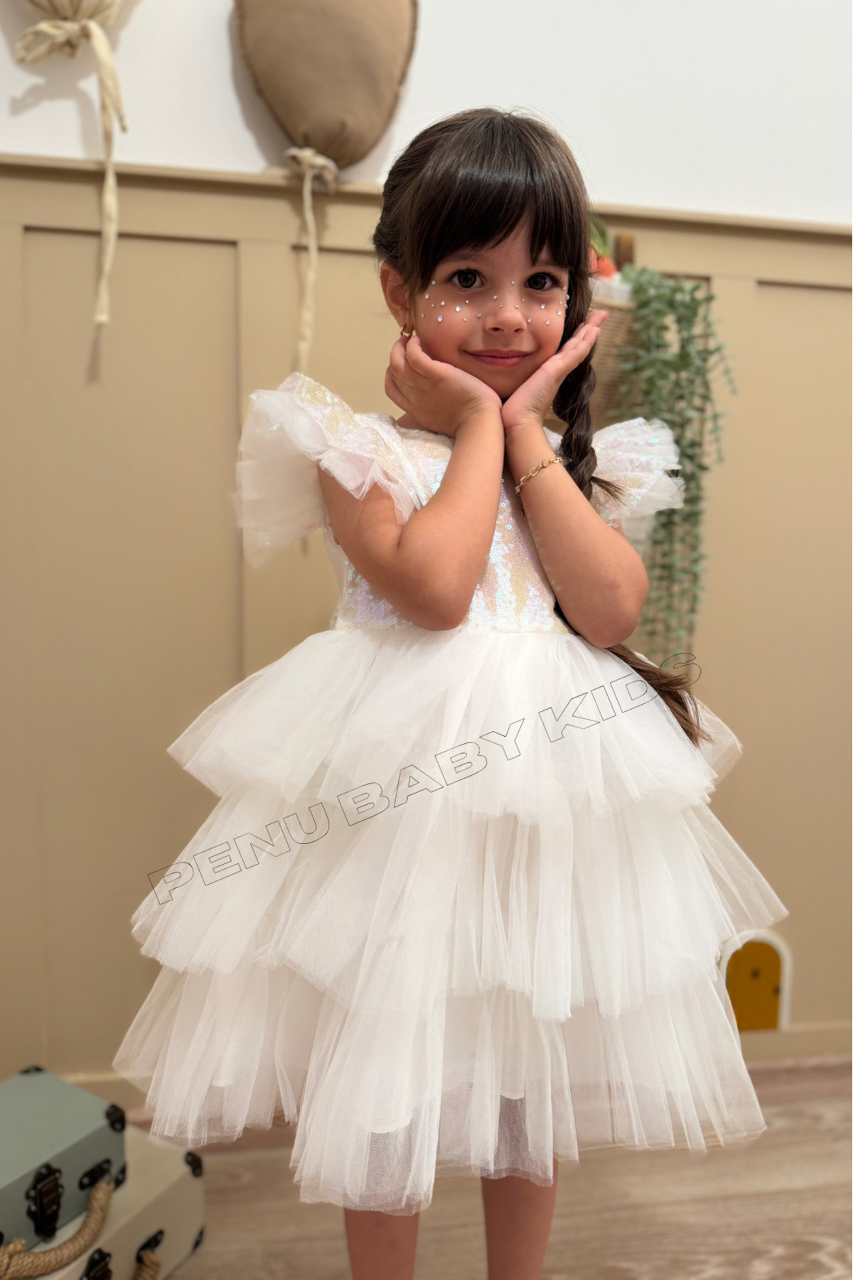 penu baby kids Beyaz Üstü Pul Payetli Eteği 3 Katlı Tül Kız Çocuk Kız Bebek Elbise fotoğrafı 7 (önizleme)