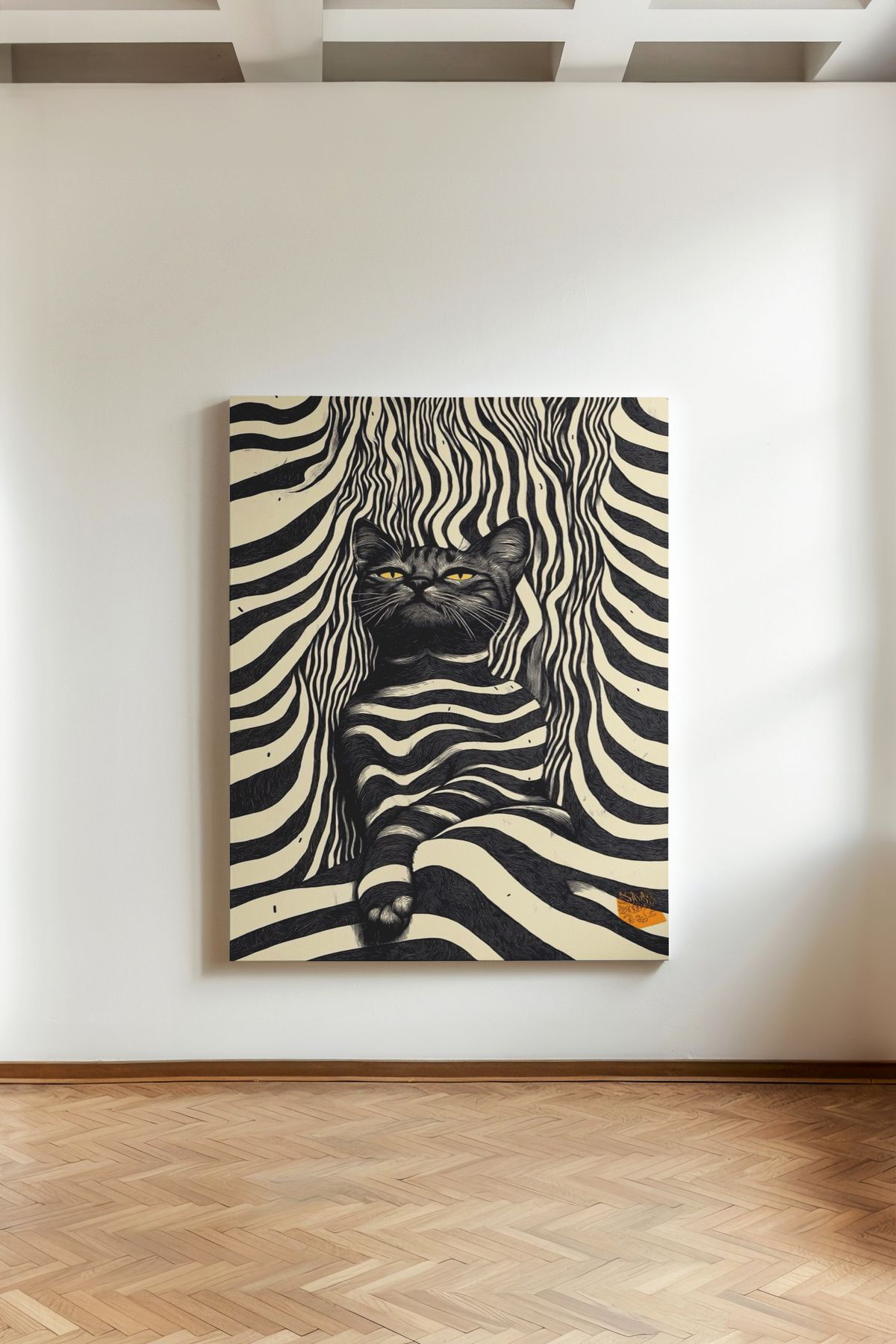 Kanvaspera Siyah Beyaz Zebra Deseni Arasında Kedi - Kanvas Tablo - Modern Sanatsal Duvar Dekoru
