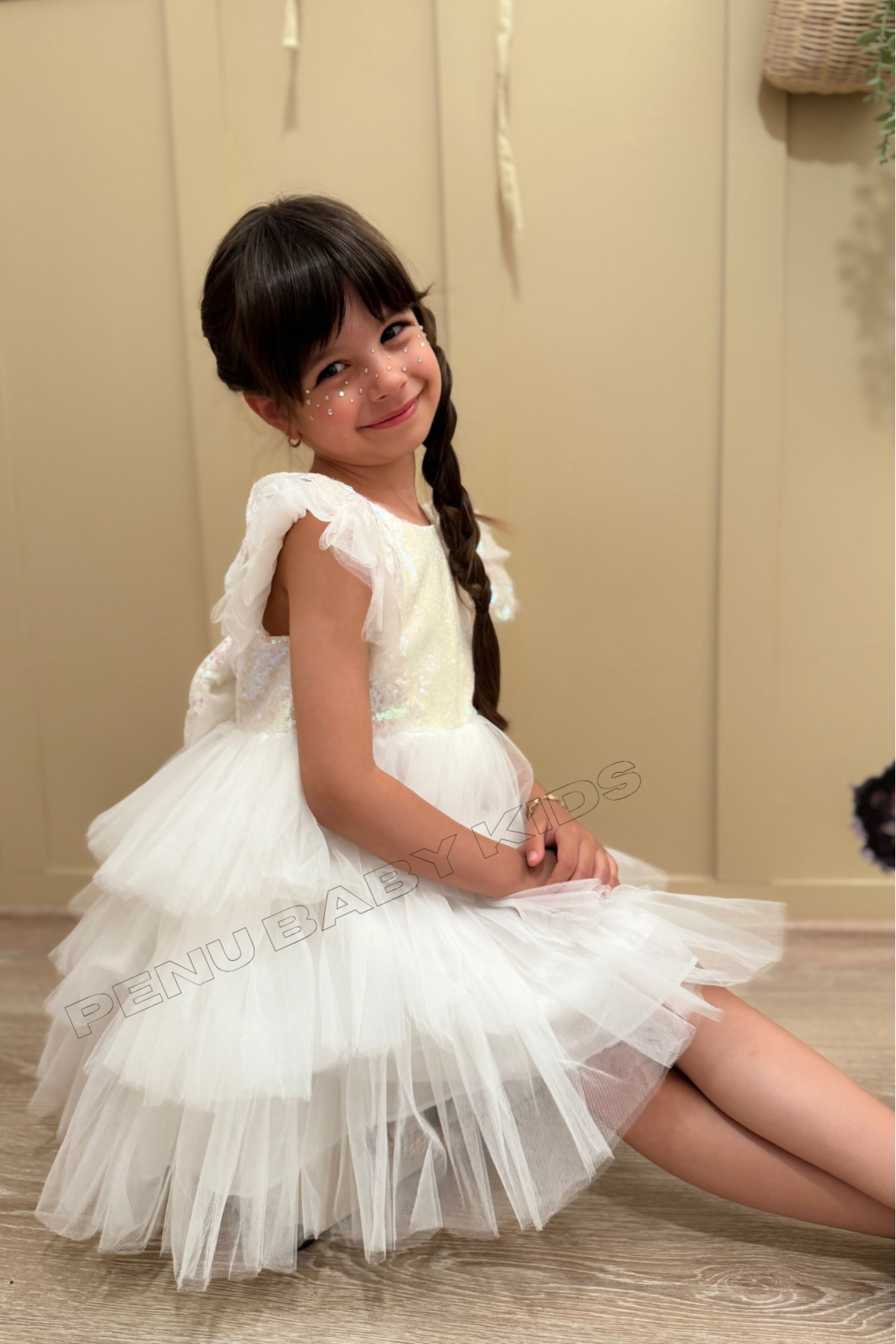 penu baby kids Beyaz Üstü Pul Payetli Eteği 3 Katlı Tül Kız Çocuk Kız Bebek Elbise fotoğrafı 3 (önizleme)