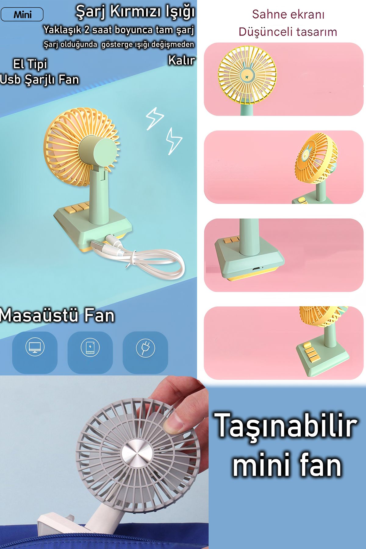 nextbuy Mini El Fanı Masa Fanı Soğutucu Pervane TaşınabilirŞarj EdilebilirPratik Mini VantilatörYeşil DD5634