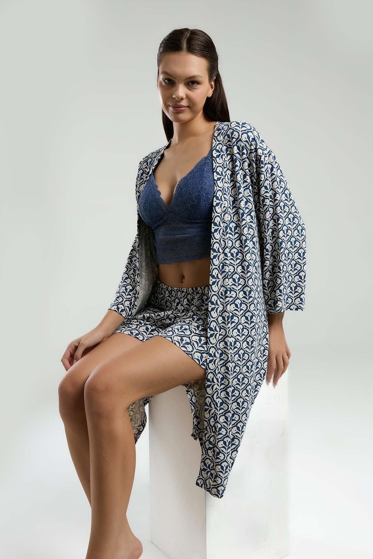 Arnetta 3'lü Takım, Sabahlık, Dantelli Bralet, Cepli Şort Set