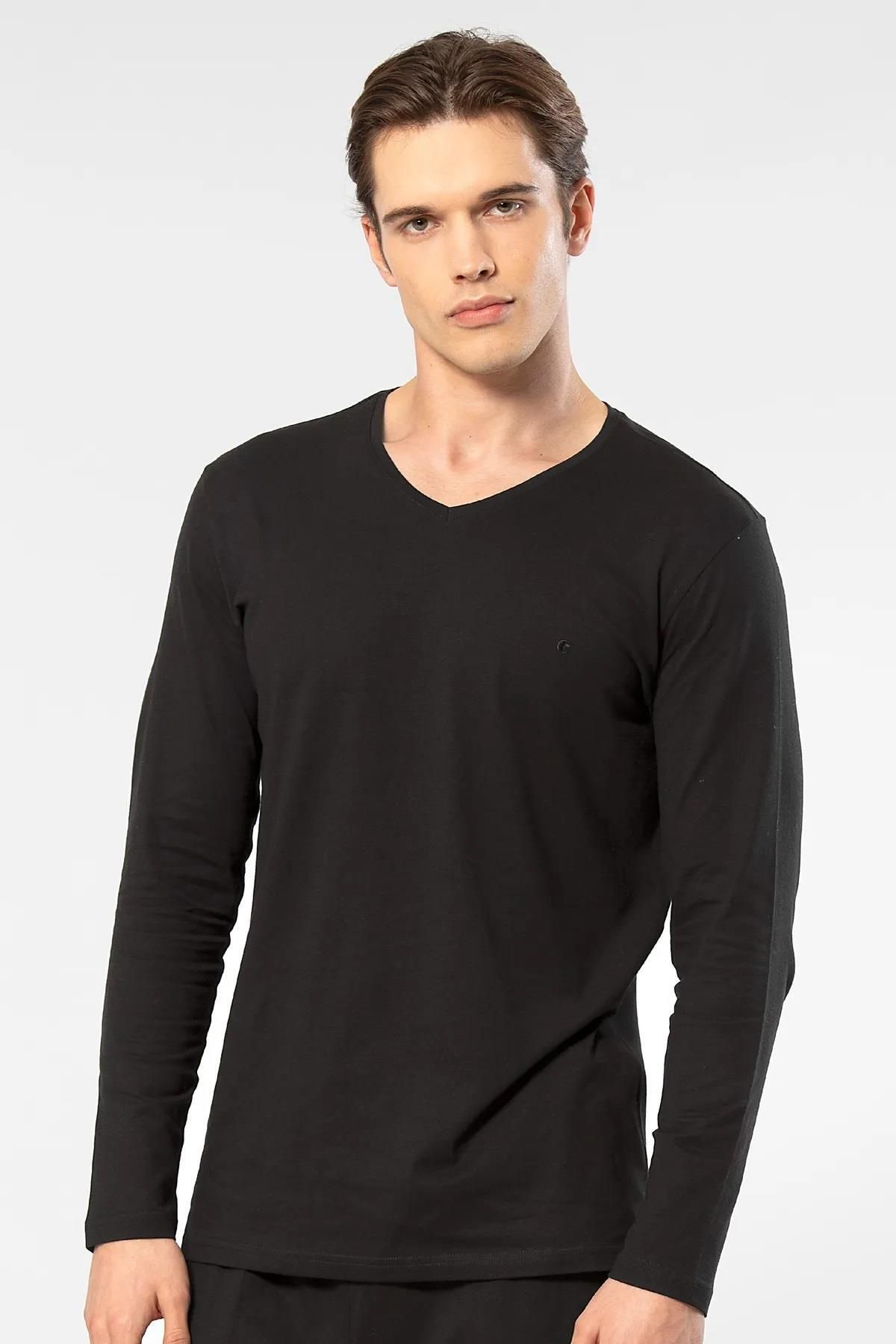 Cacharel Erkek %50 Modal, %50 Pamuk V Yaka Uzunkol T-shirt