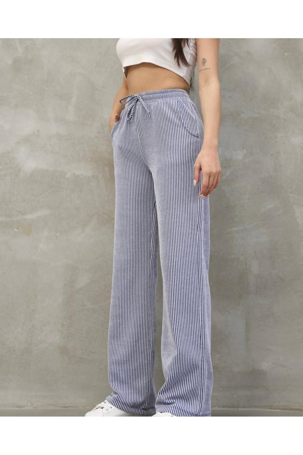 CNG MODA Unisex Su Yolu Çizgili Keten Karışımlı Torba Pantolon