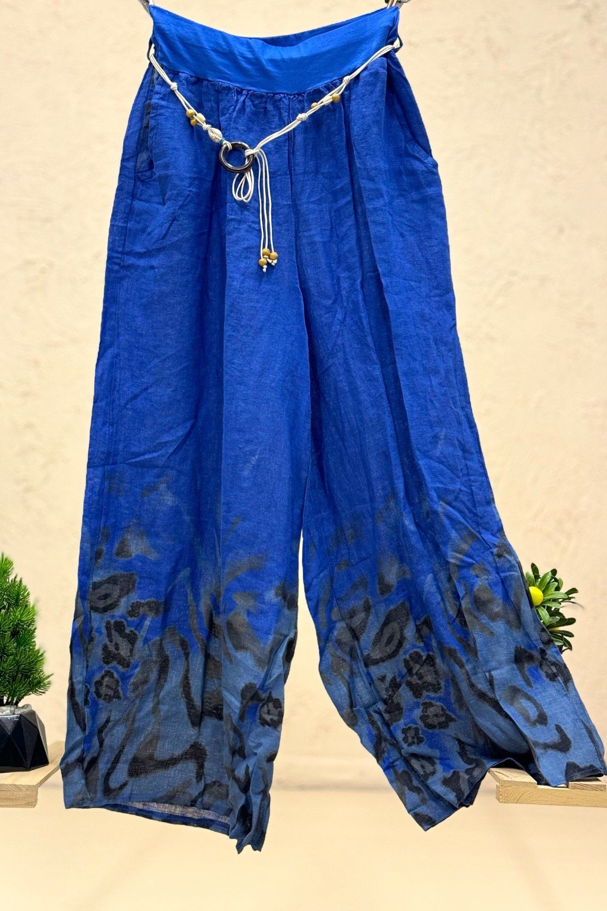 sahnemoda Paça Desenli Kemerli Bol Paça İthal Keten Pantolon