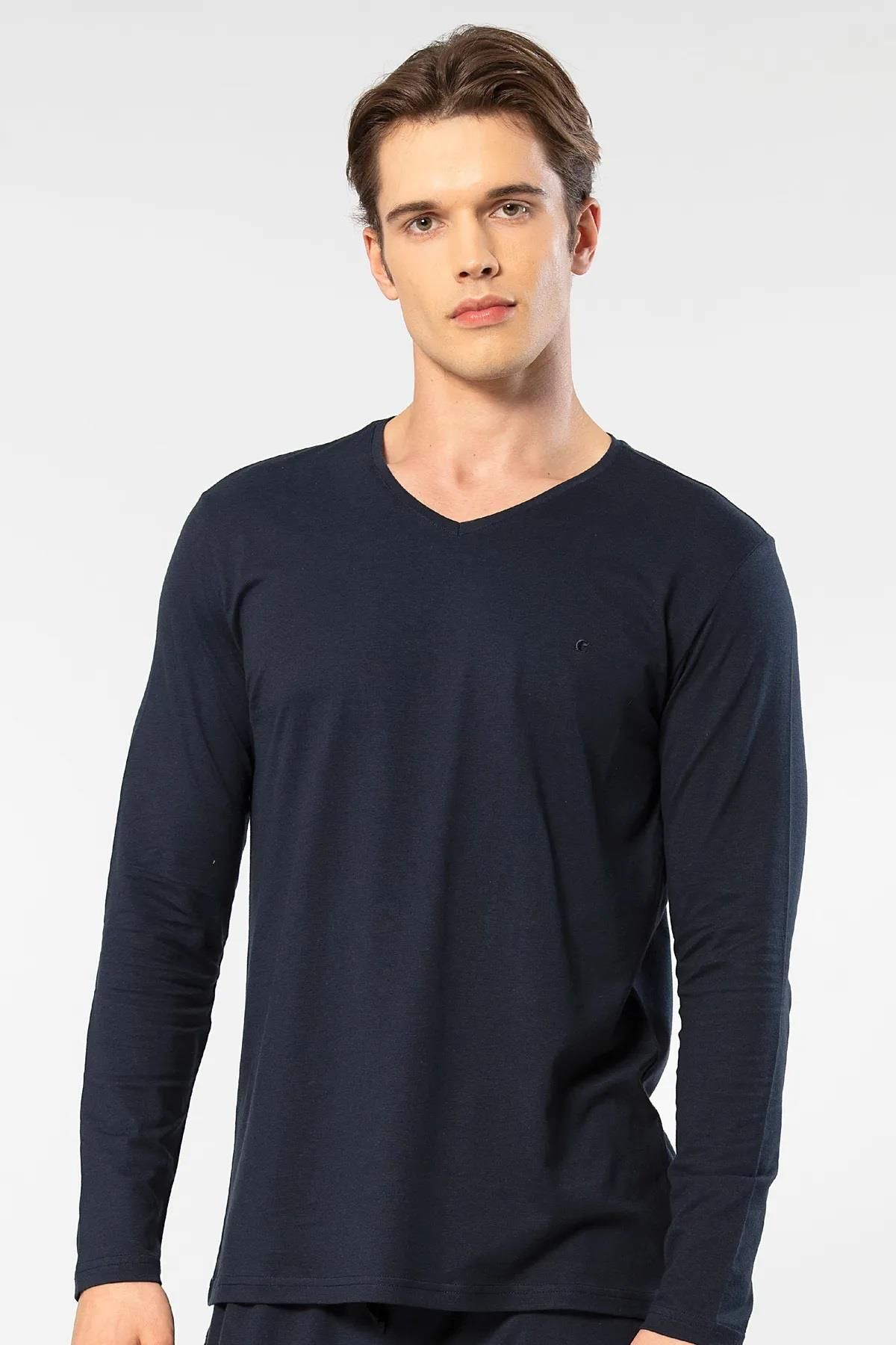 Cacharel Erkek %50 Modal, %50 Pamuk V Yaka Uzunkol T-shirt