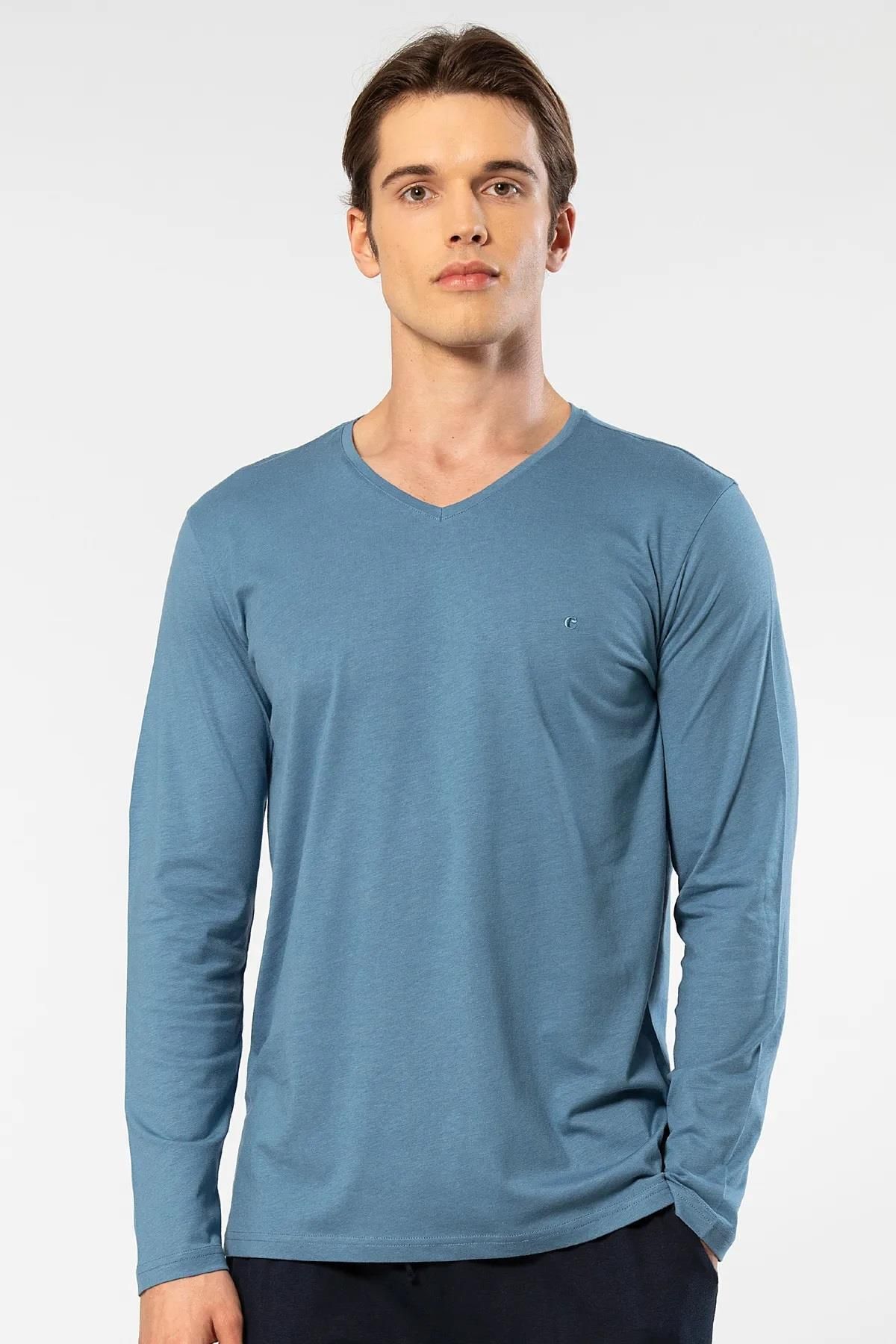 Cacharel Erkek %50 Modal, %50 Pamuk V Yaka Uzunkol T-shirt