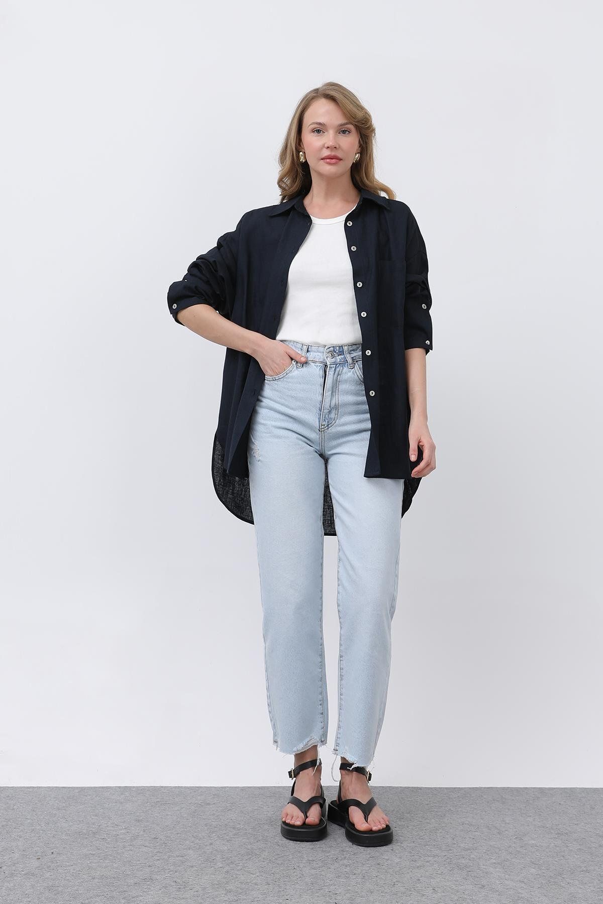 Soul Kadın Basic Keten Gömlek - 32328GML - NAVY