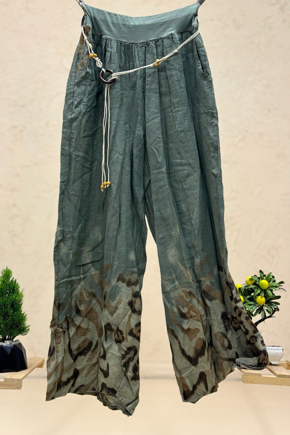 sahnemoda Paça Desenli Kemerli Bol Paça İthal Keten Pantolon