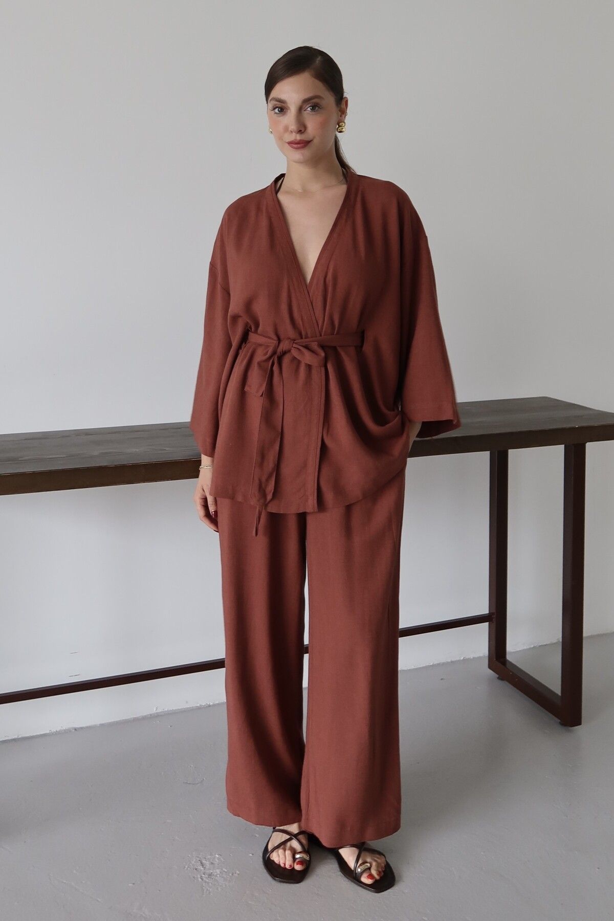 Laluvia Kiremit Gizli Kemer Detaylı Kimono Takım - 8723