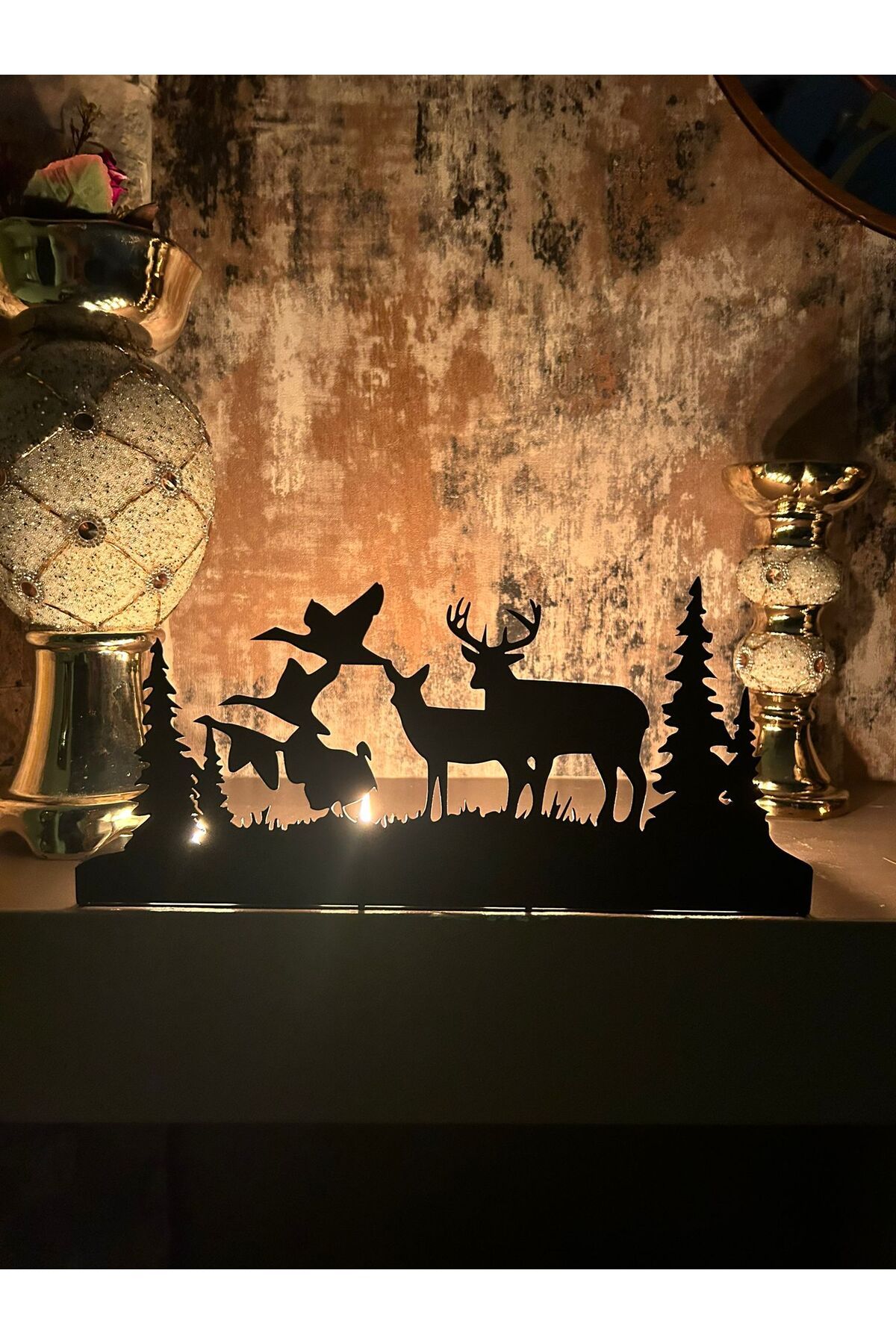 Alamer Decor Turna Kuşu Ve Geyik Temalı Metal Dekoratif Şamdan Mumluk