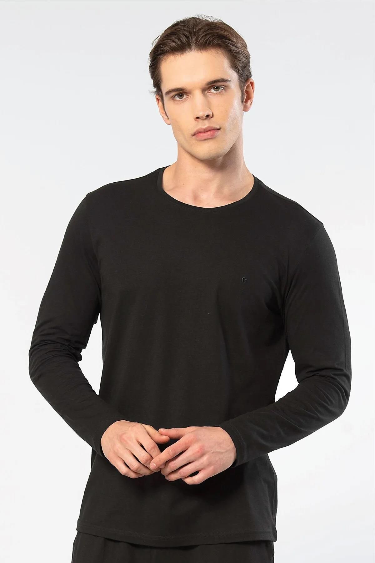 Cacharel Erkek %50 Modal, %50 Pamuk Bisiklet Yaka Uzunkol T-shirt
