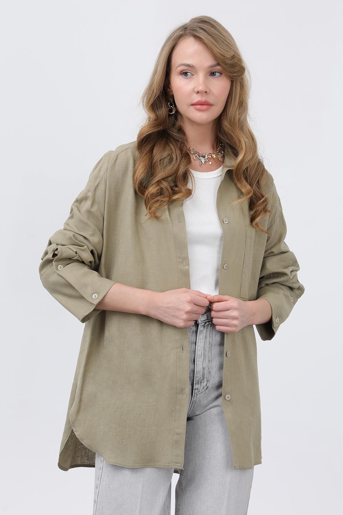 Soul Kadın Basic Keten Gömlek - 32328GML - KHAKI