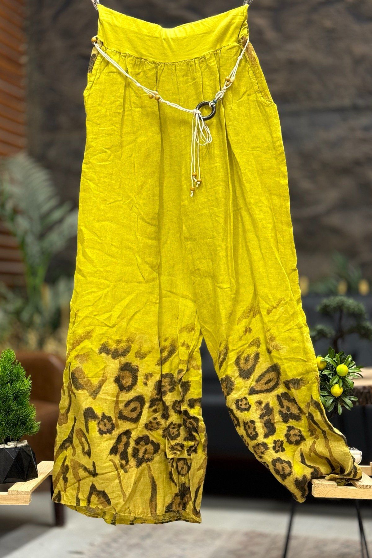 sahnemoda Paça Desenli Kemerli Bol Paça İthal Keten Pantolon