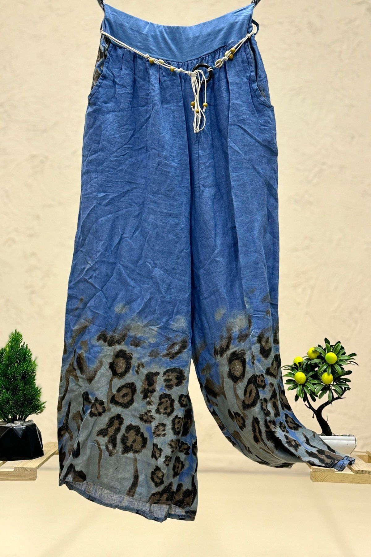 sahnemoda Paça Desenli Kemerli Bol Paça İthal Keten Pantolon