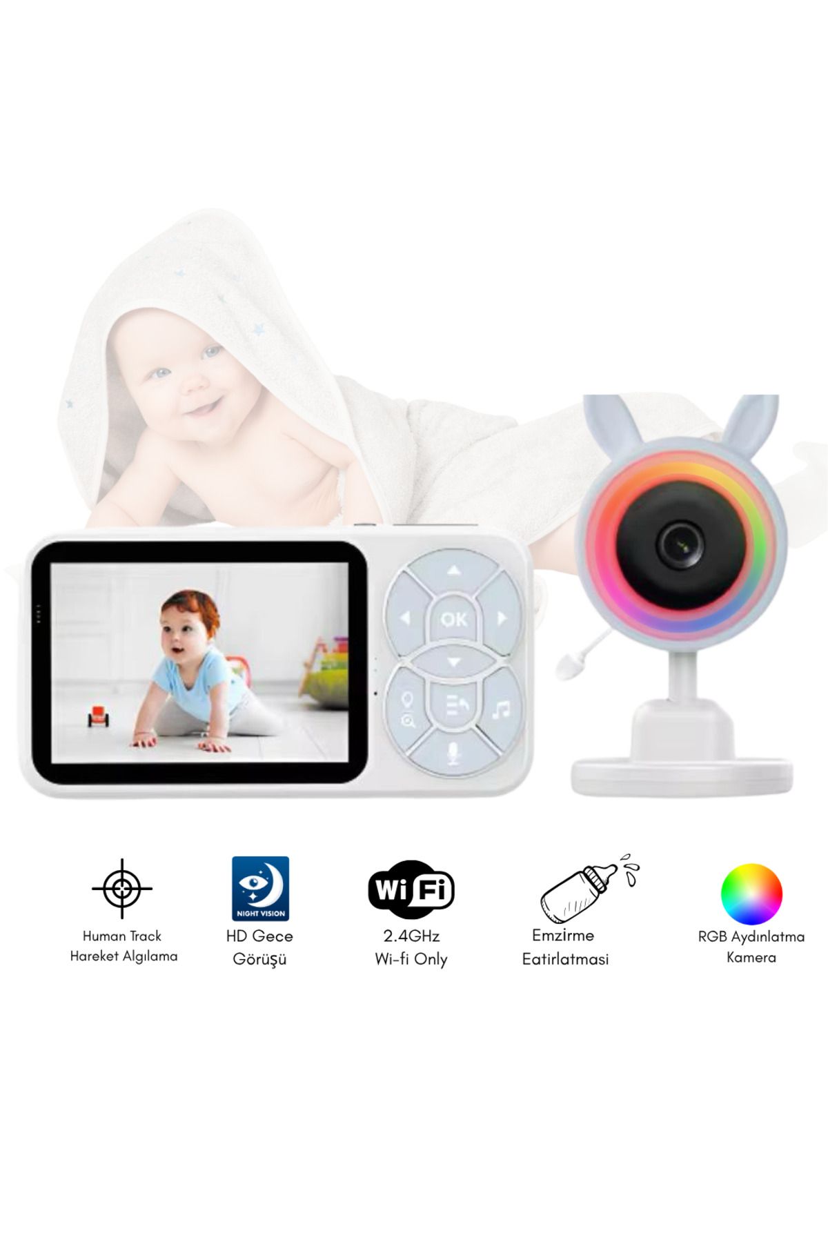 CROW'S TECH Bebek Kamerası Kumandalı Monitörlü Karşılıklı Konuşma RGB ışıklı HDGece Görüslü hatırlatıcılı Kamera