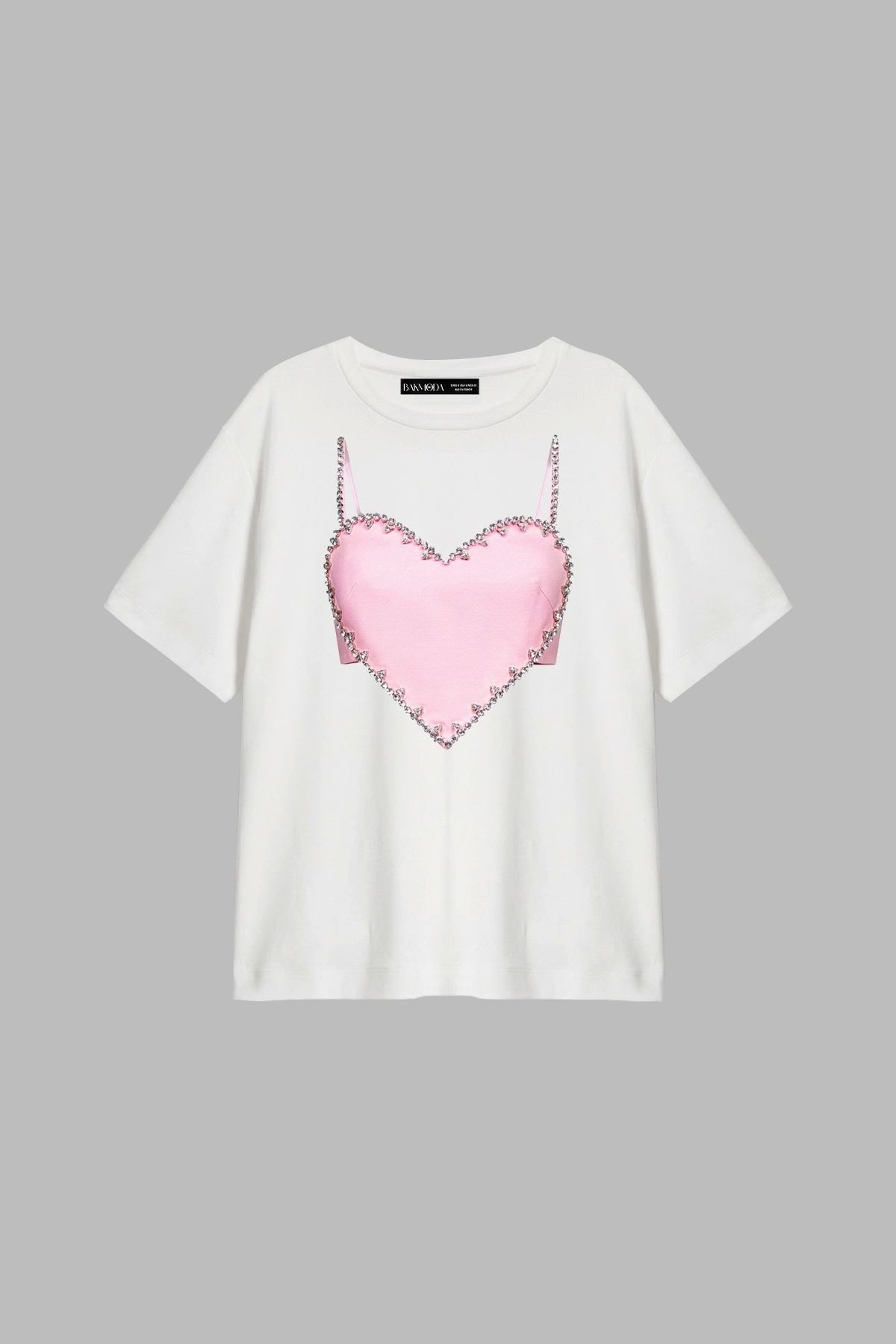 CİNEMA MODA Pink Heart Baskılı Relaxed Fit Beyaz Kadın Tshirt