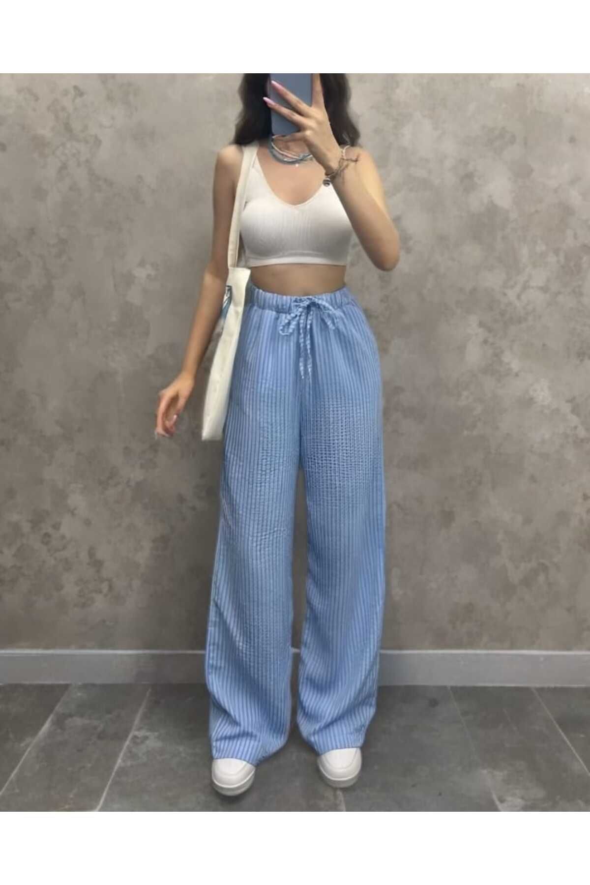 CNG MODA Unisex Su Yolu Çizgili Keten Karışımlı Torba Pantolon