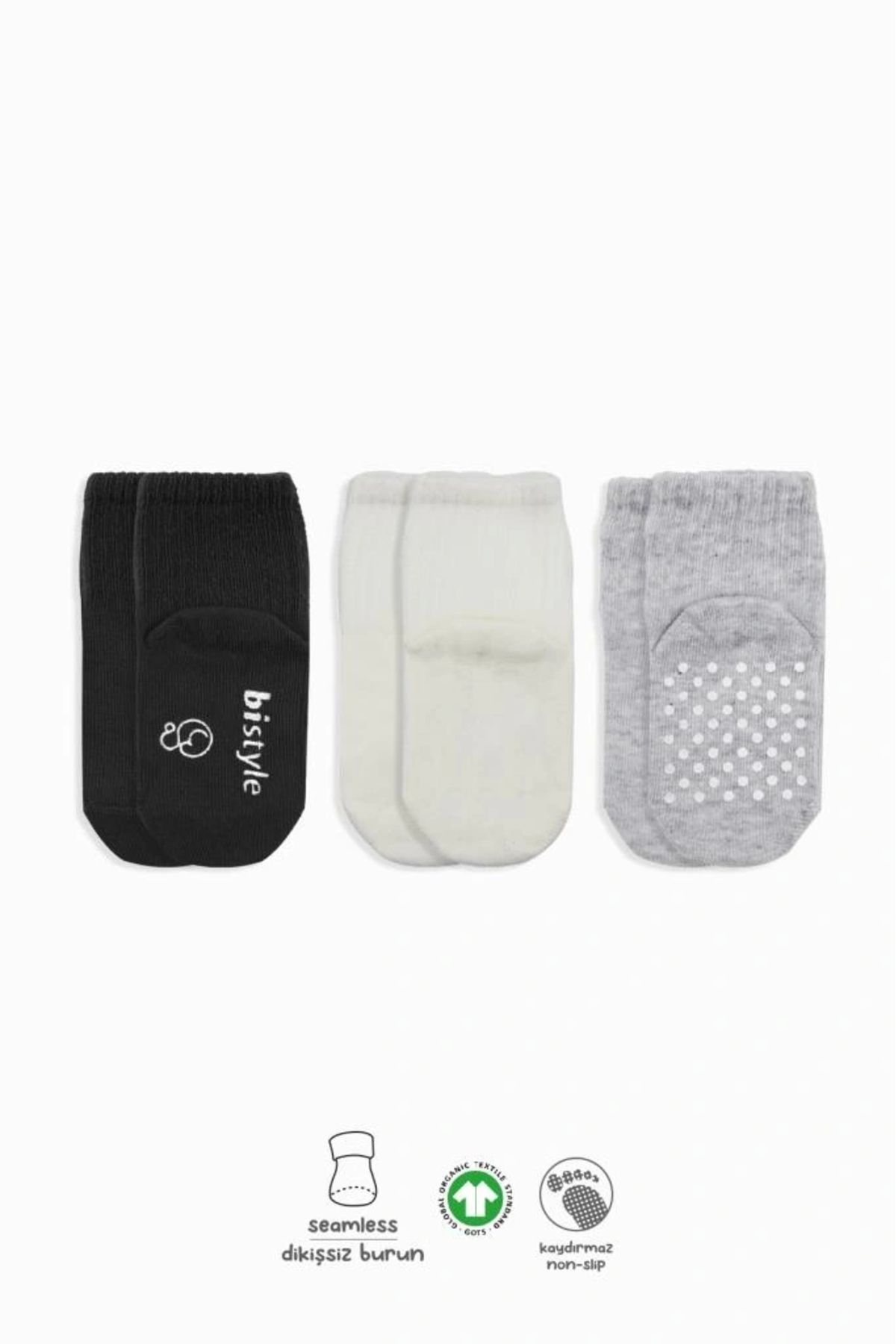 OurStyles Bistyle Basic Kaymaz Penye Soket Çorap 3'Lü BS10106 Siyah Ekru Gri