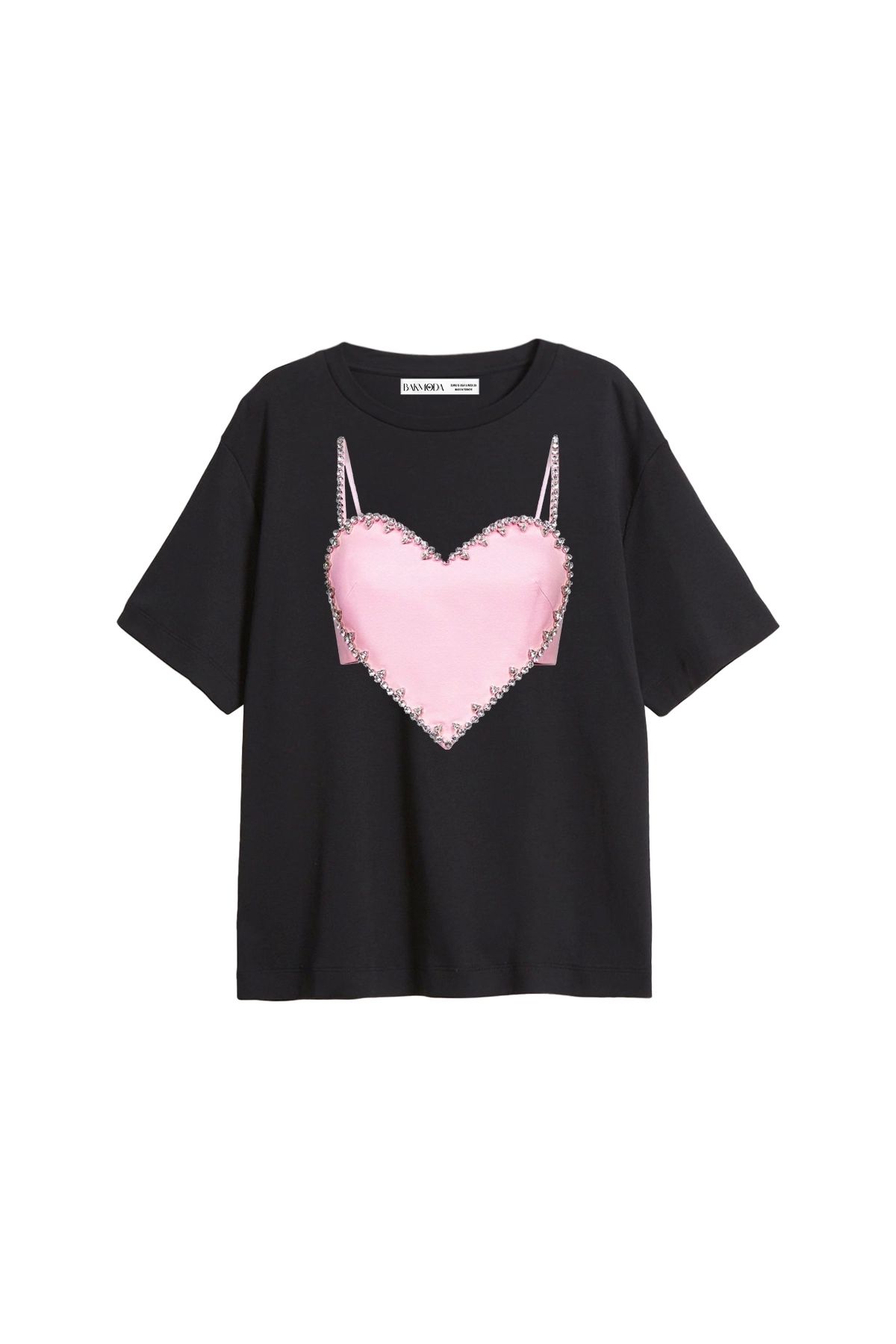 CİNEMA MODA Pink Heart Baskılı Relaxed Fit Siyah Kadın Tshirt