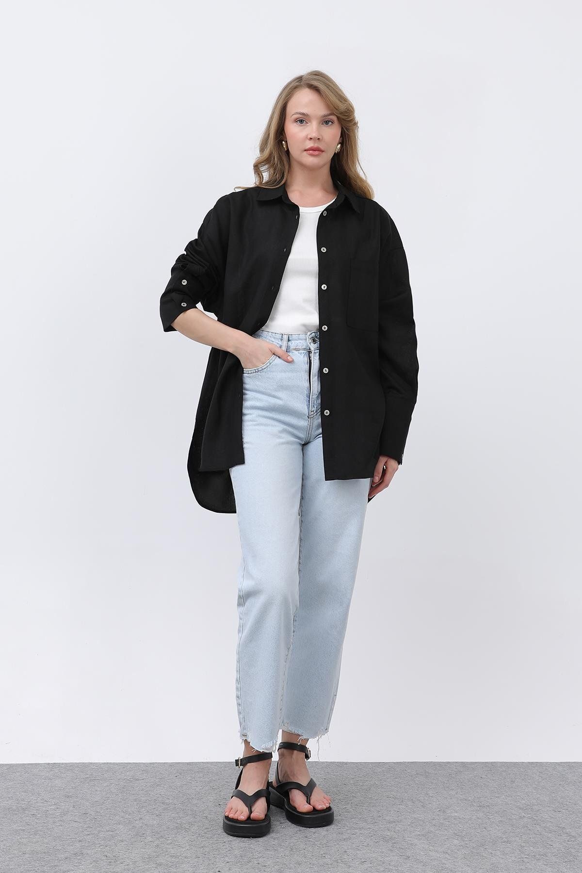 Soul Kadın Basic Keten Gömlek - 32328GML - BLACK