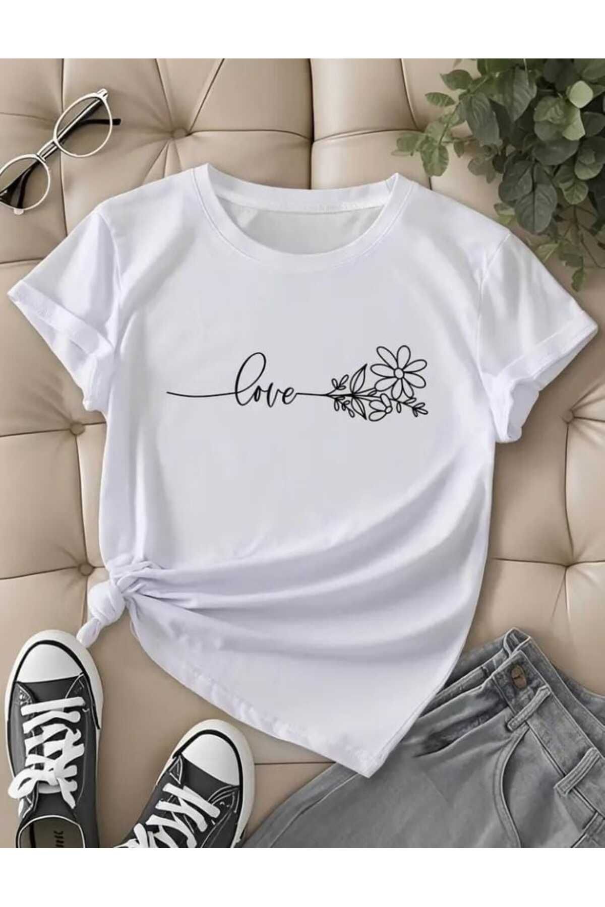 TekTarzz Unisex Çiçek Love Baskı Tasarımlı Trend Tshirt