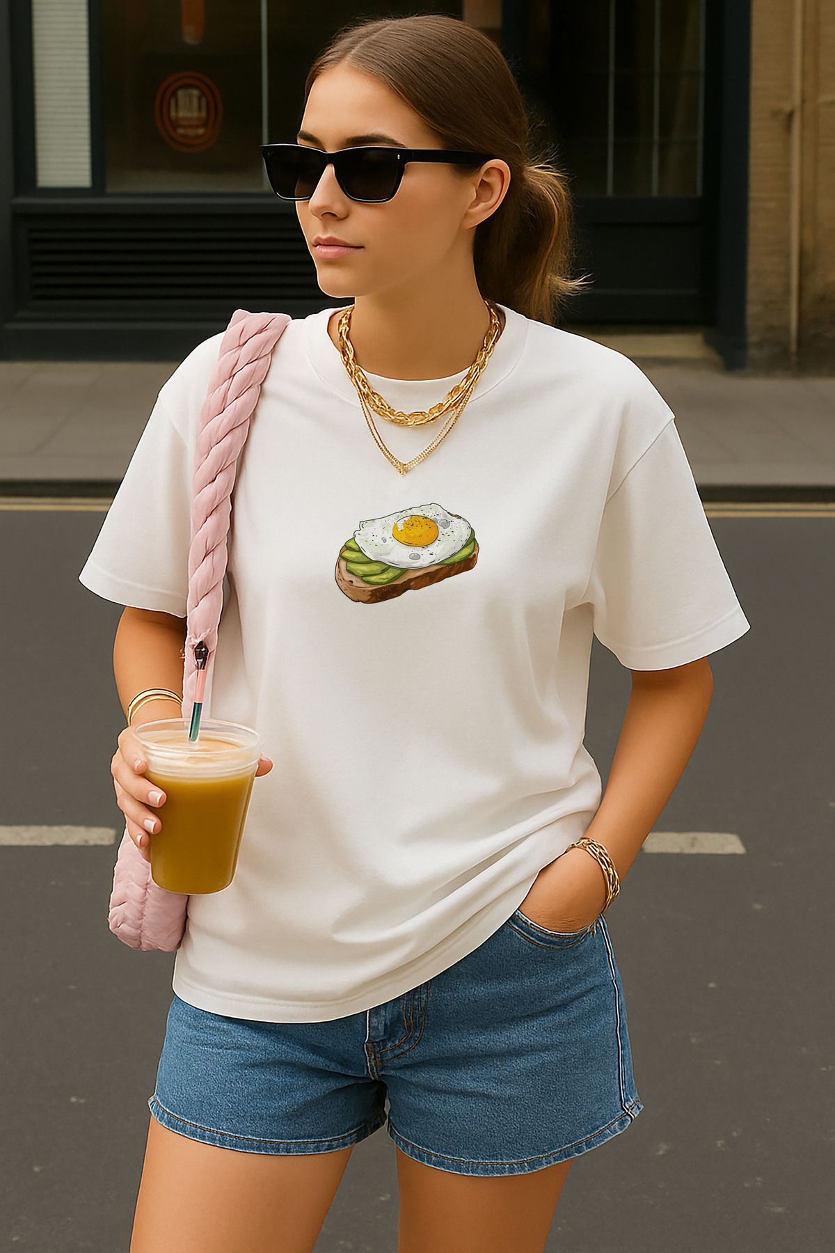 sielta Avokado Baskılı Oversize Pamuklu Kadın Beyaz Tişört T-shirt