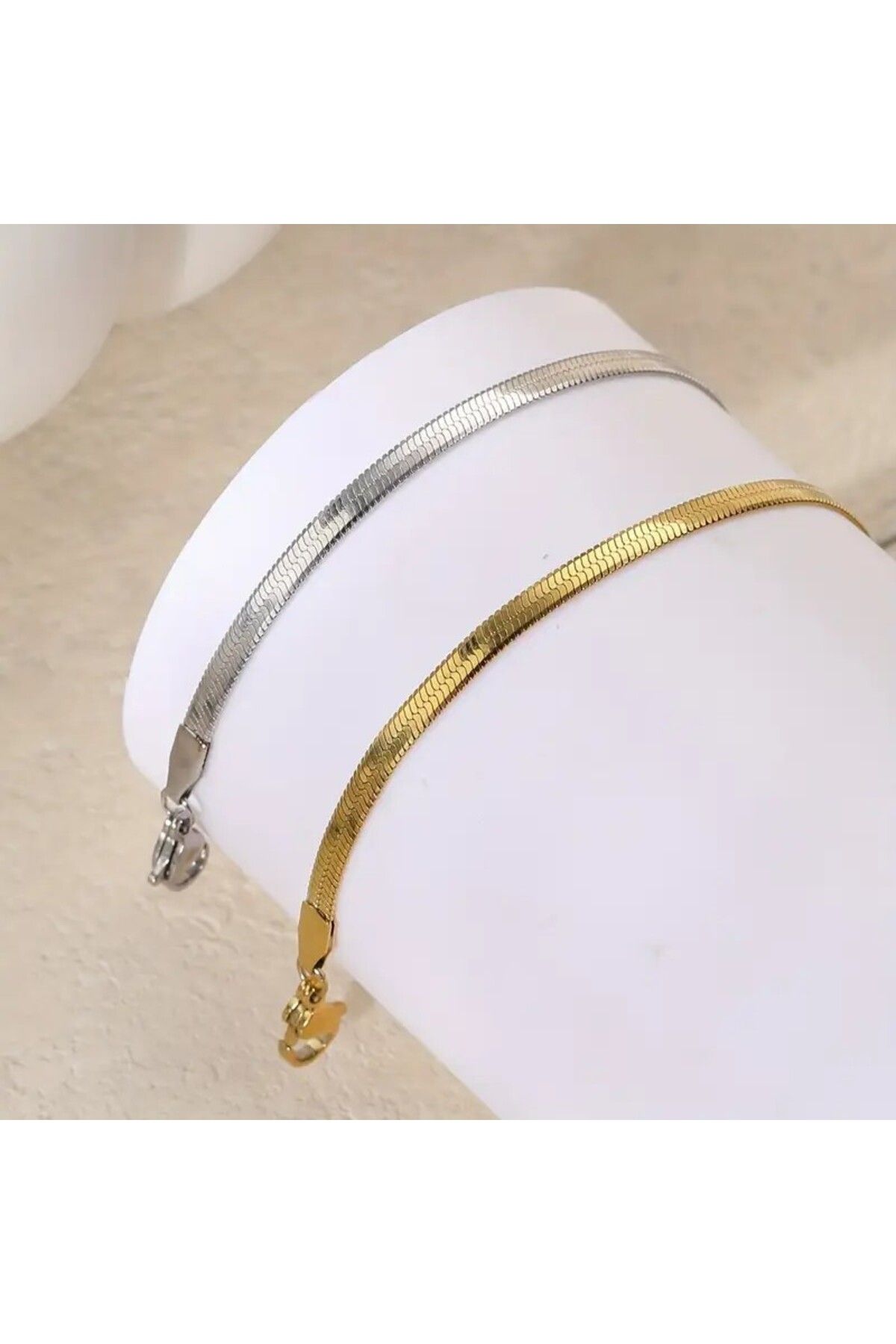Tasarım Çelik Takı Seti Bileklik İtalyan Ezme Model İkili 0.4 mm Genişlik 17 cm Uzunluk Ek 5 Cm Gold Gümüş