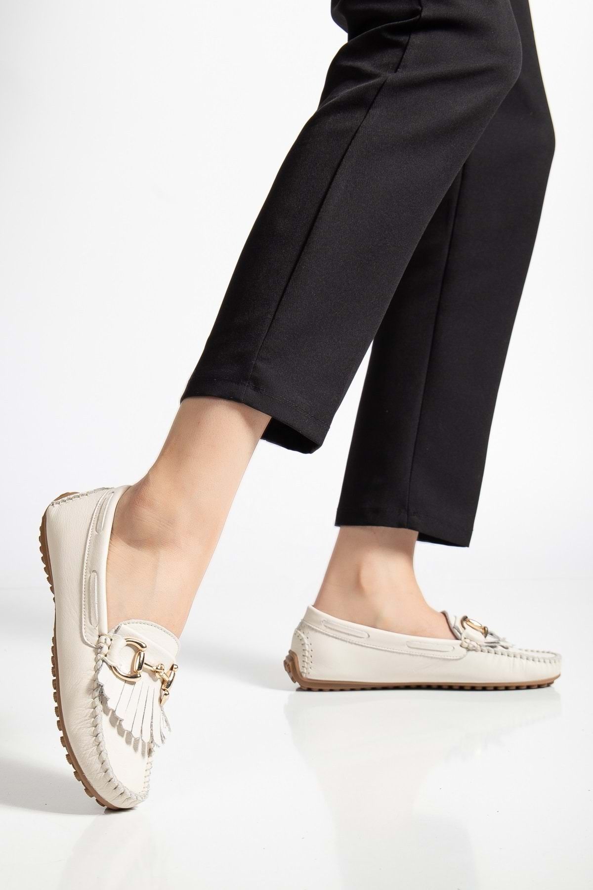 ANALİN SHOES Kadın Hakiki Deri Tokalı Klasik Loafer - Krem