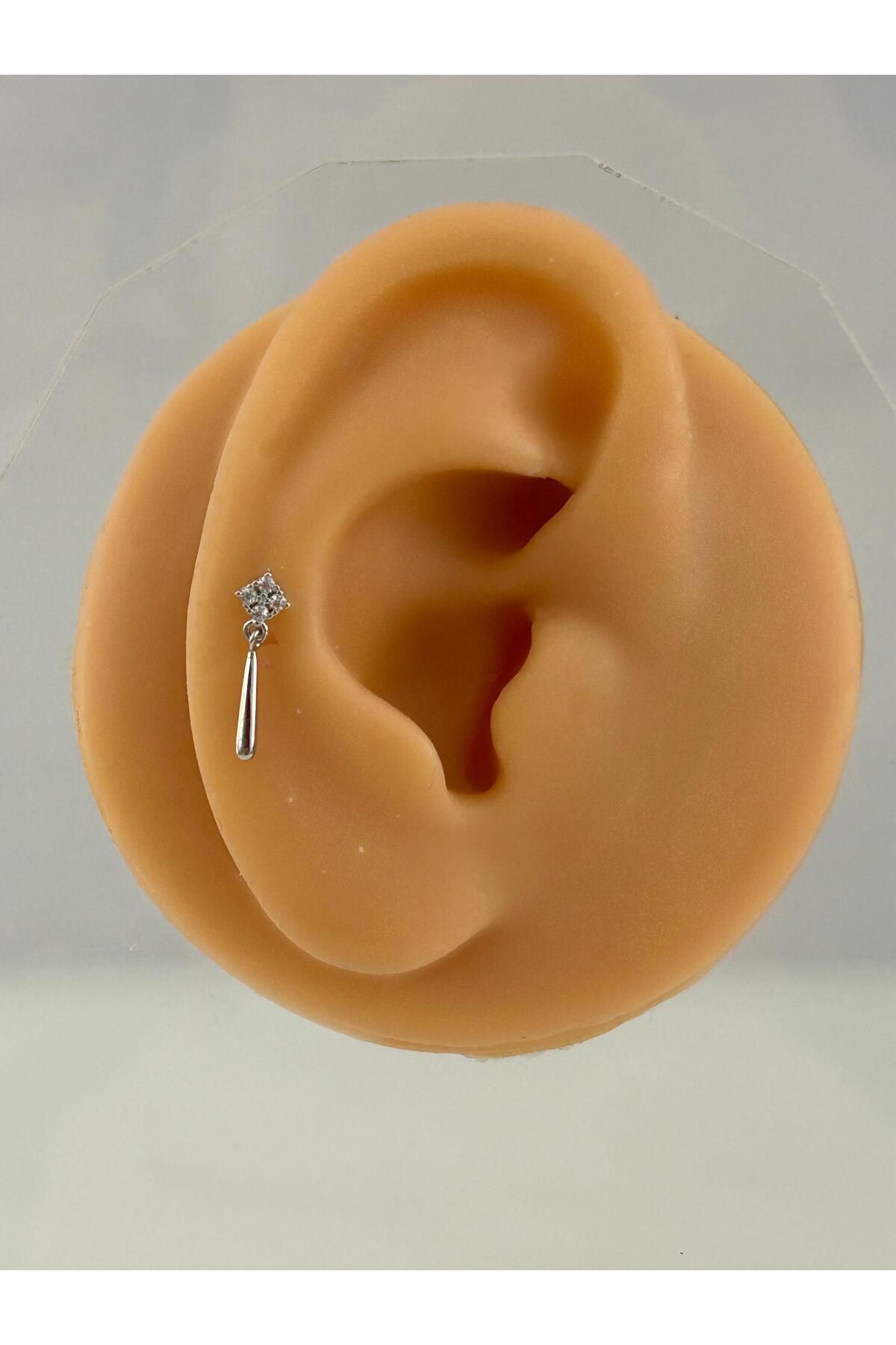 Siminkari 925 Ayar Gümüş Üzerine Rodyum Kaplama Taşlı Çubuk Sallantılı Piercing Tragus Helix