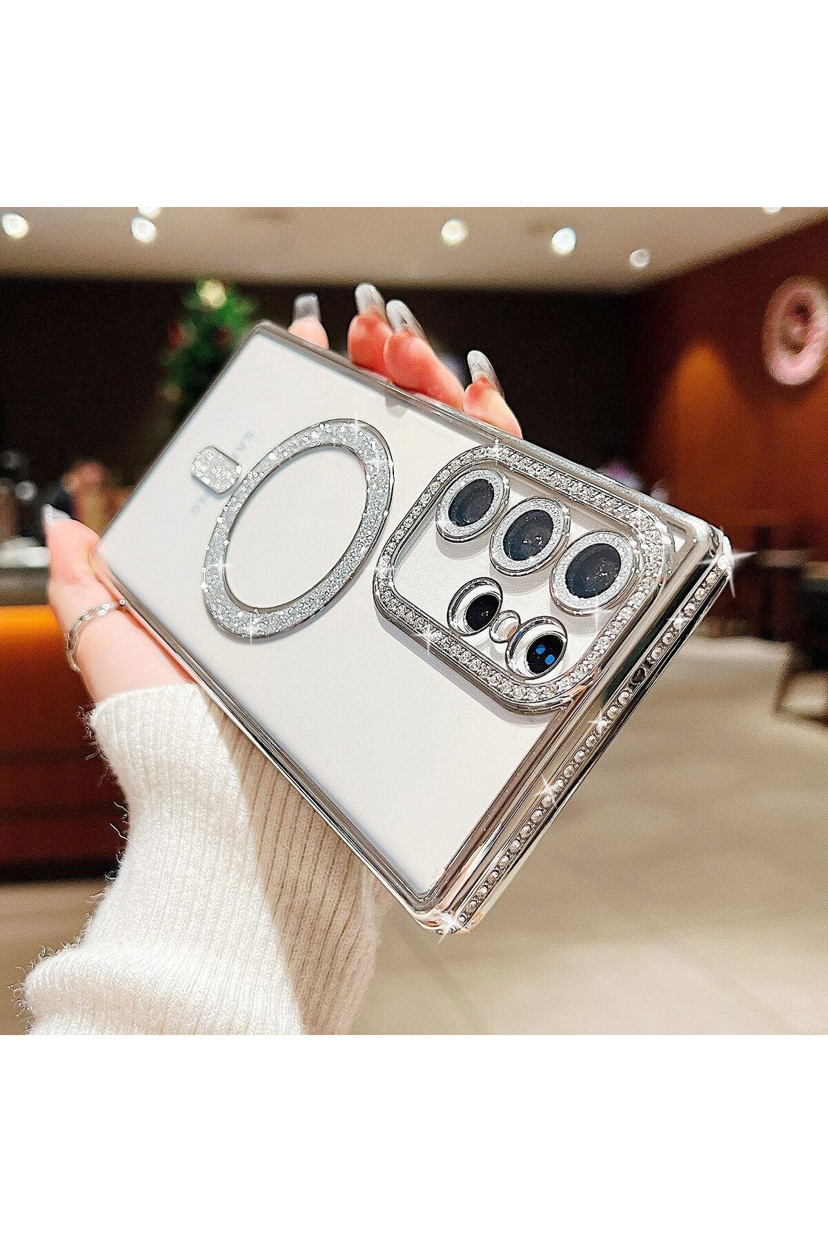 Posso Samsung Galaxy S23 Ultra Kılıf Simli Taşlı Detay Magsafe Kamera Lens Korumalı Işıltılı Silikon Case