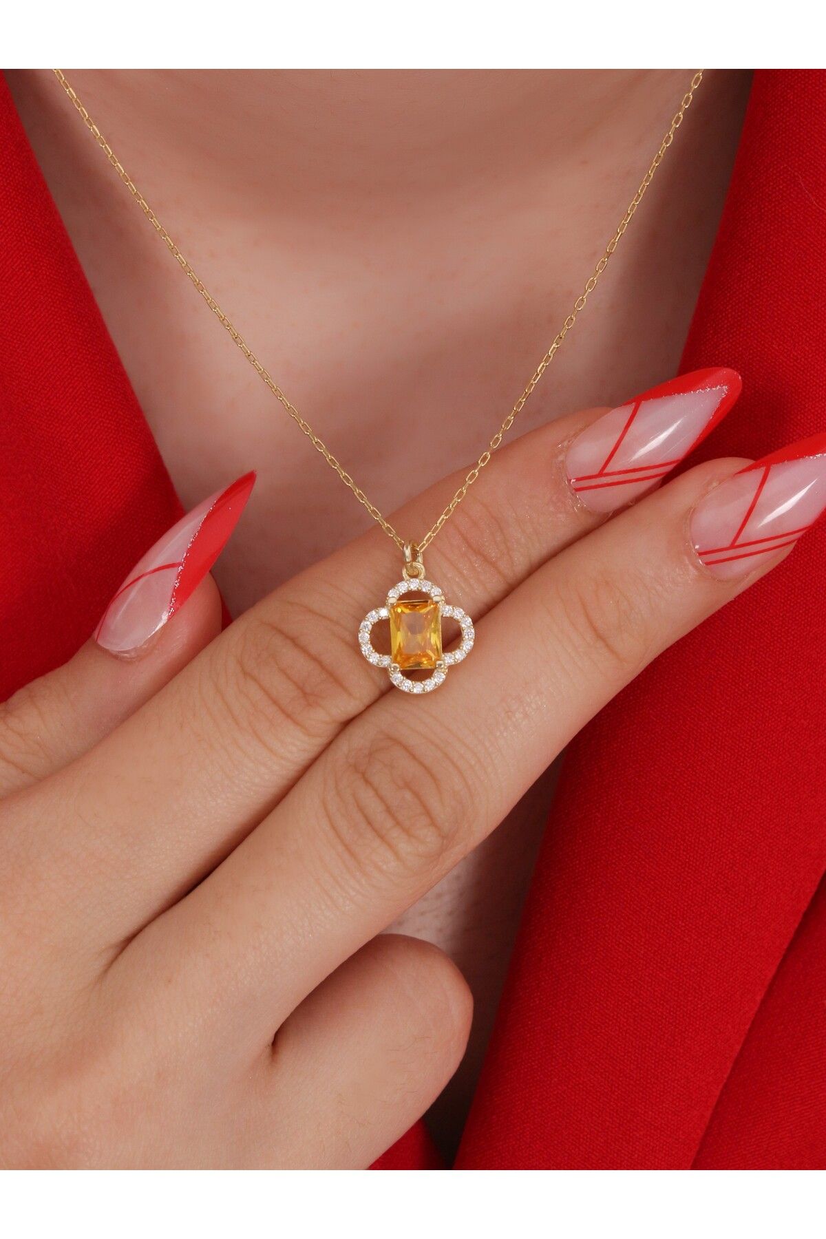 LİNOVE JEWELLERY Citrin Baget Kolye, 925 Ayar Gümüş Kolye, Yonca citrin baget Kolye, Citrine Necklace