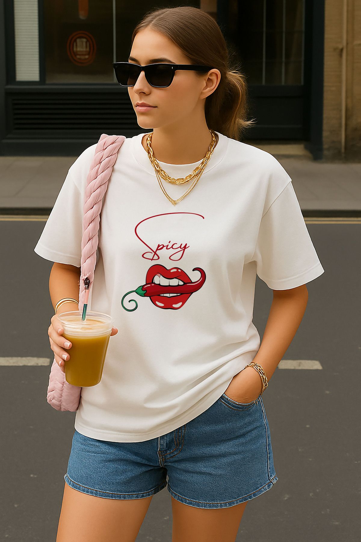 sielta Spicy Red Chili Baskılı Oversize Pamuklu Kadın Beyaz Tişört T-shirt