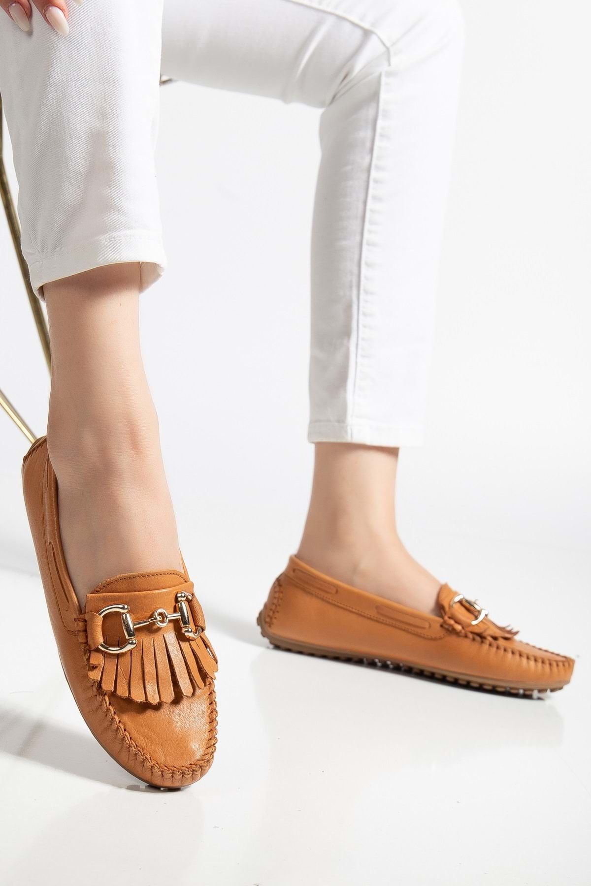 ANALİN SHOES Kadın Hakiki Deri Tokalı Klasik Loafer - Taba