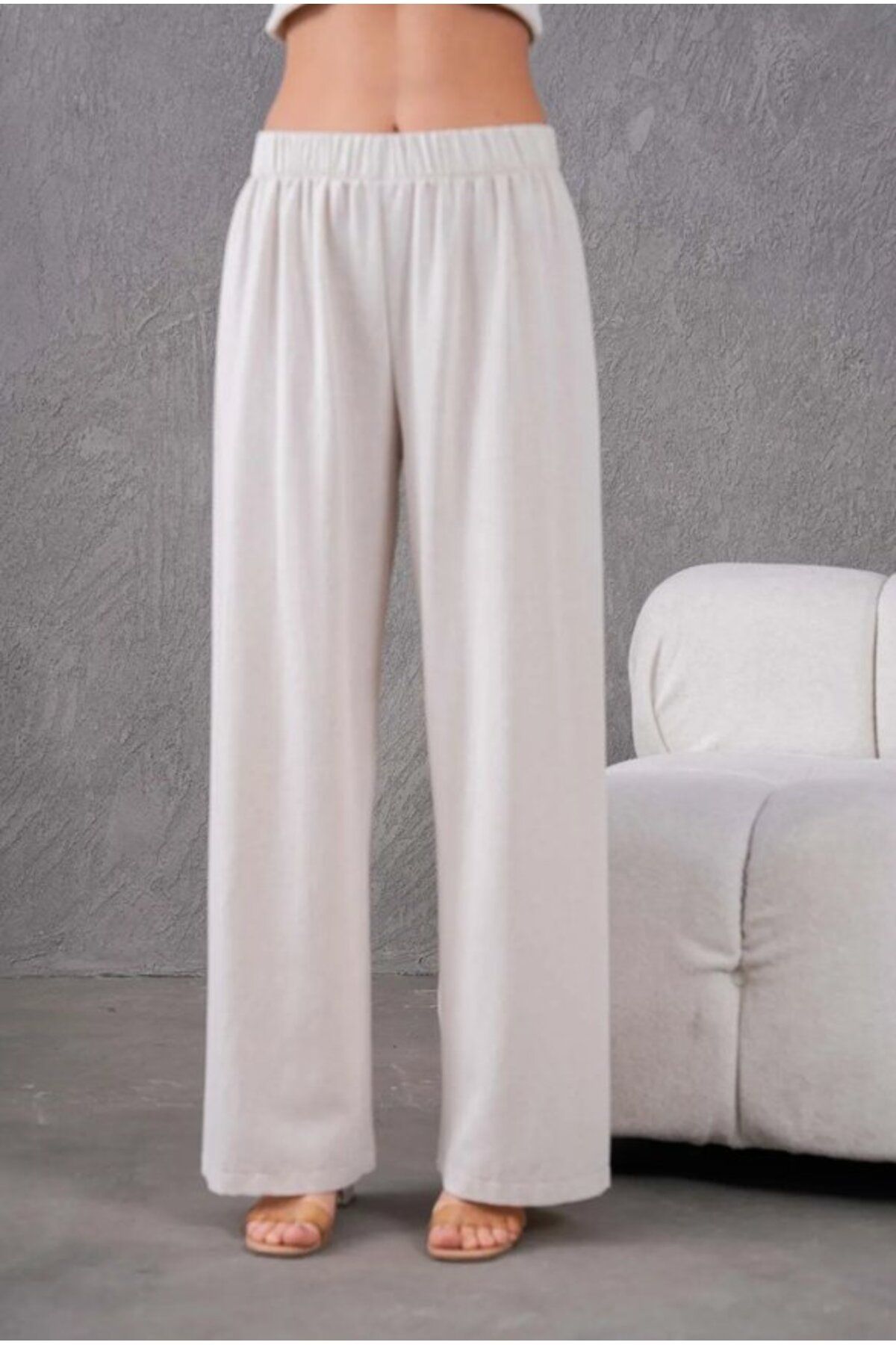 Fresh&Moda Kadın Keten Beli Lastikli Rahat Bol Paça Pantalon