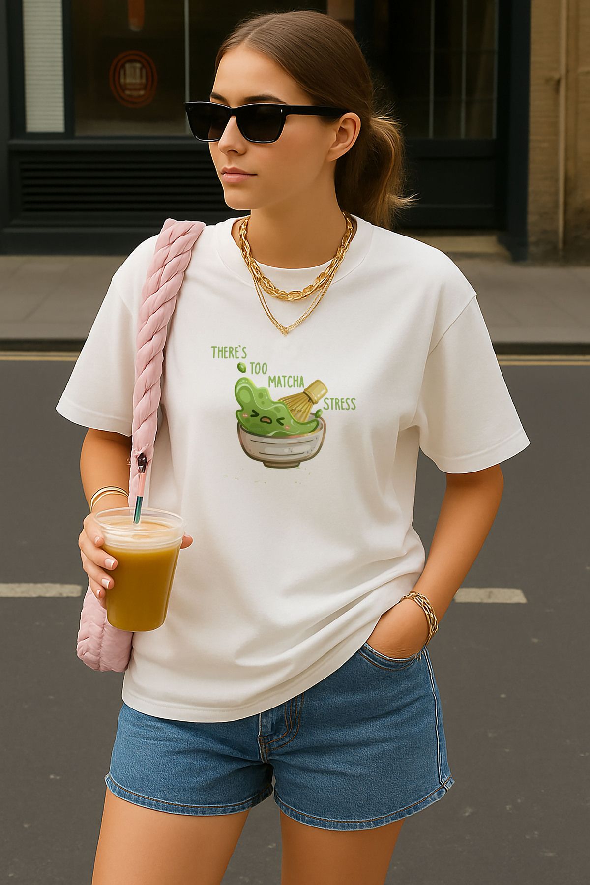 sielta Maça Matcha Çayı Baskılı Oversize Pamuklu Kadın Beyaz Tişört T-shirt