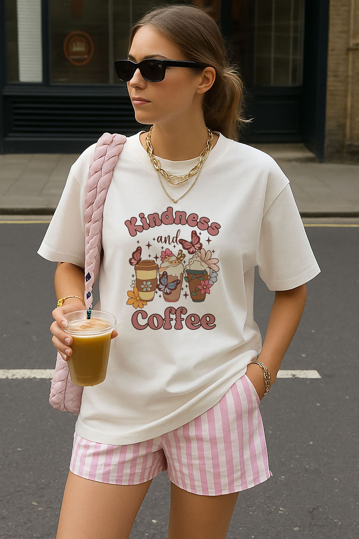 sielta Kahve Coffee Baskılı Oversize Pamuklu Kadın Beyaz Tişört T-shirt