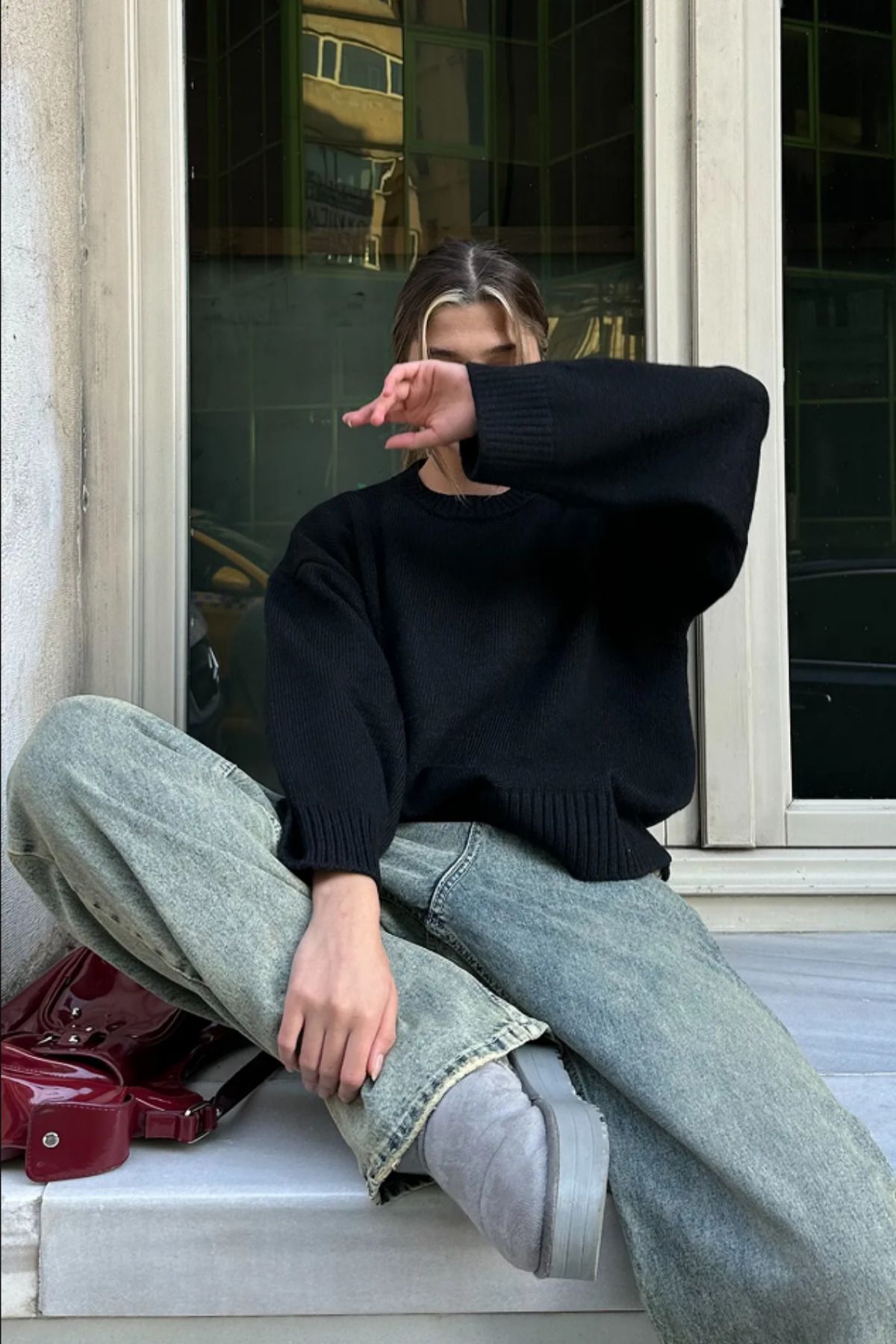 Tarz Cool Siyah Bisiklet Yaka Oversize Triko Kazak