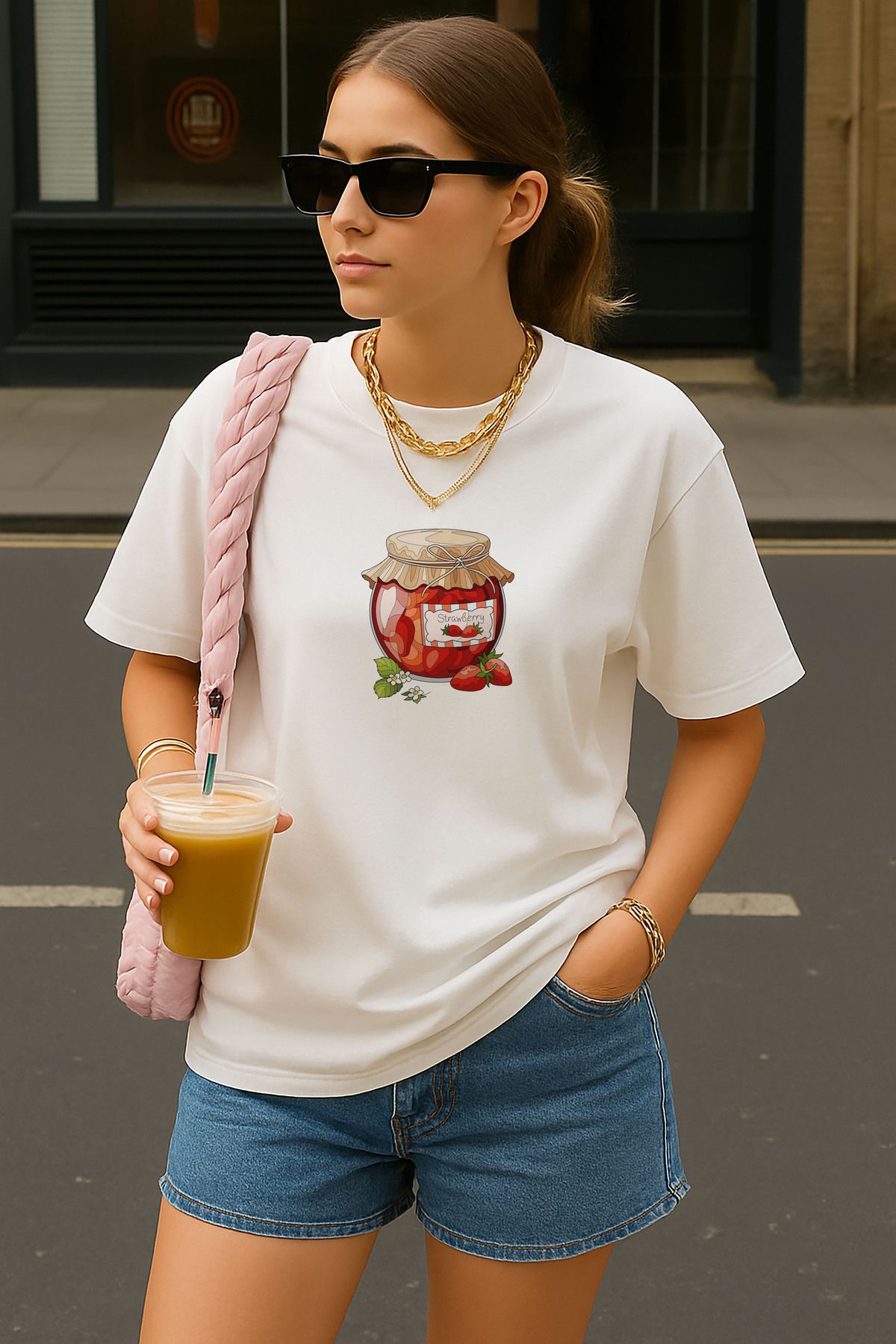 sielta Çilek Reçeli Baskılı Oversize Pamuklu Kadın Tişört T-shirt