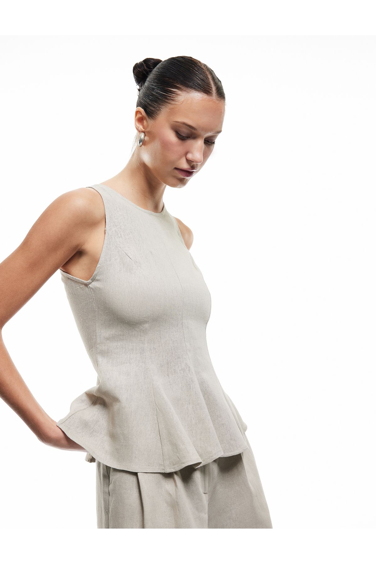 Koton Bol Kalıp Kolsuz Bisiklet Yaka Keten Peplum Bluz