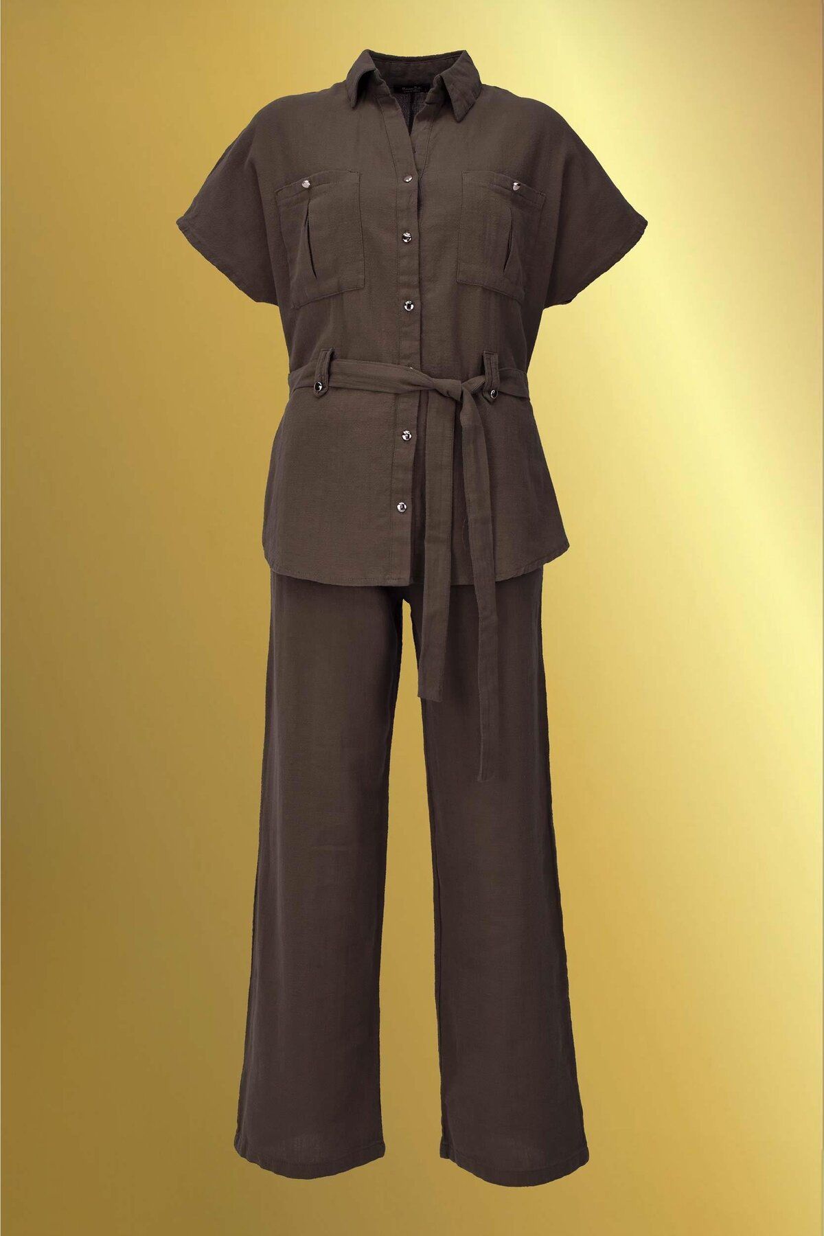 birizmoda Keten Kuşaklı Gömlek Pantolon Takım - Acı Kahve