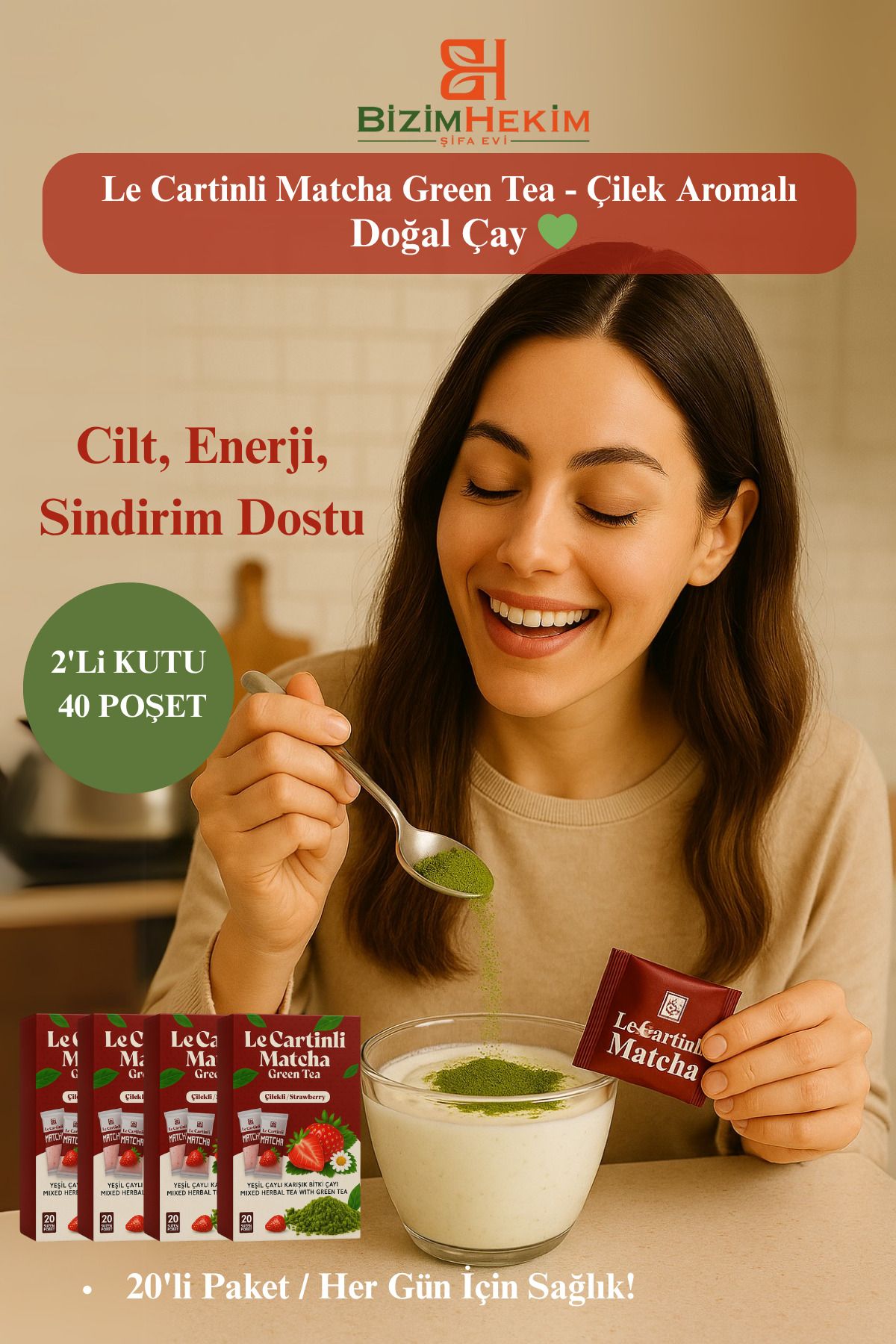 BİZİMHEKİM Çilek Aromalı Doğal Ödem Çayı / 2 Kutu 2*20 40'lı
