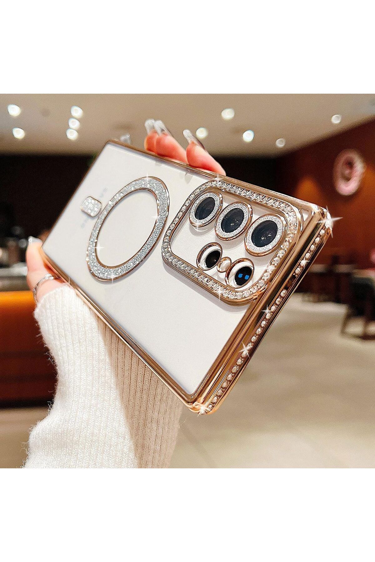 Posso Samsung Galaxy S23 Ultra Kılıf Simli Taşlı Detay Magsafe Kamera Lens Korumalı Işıltılı Silikon Case